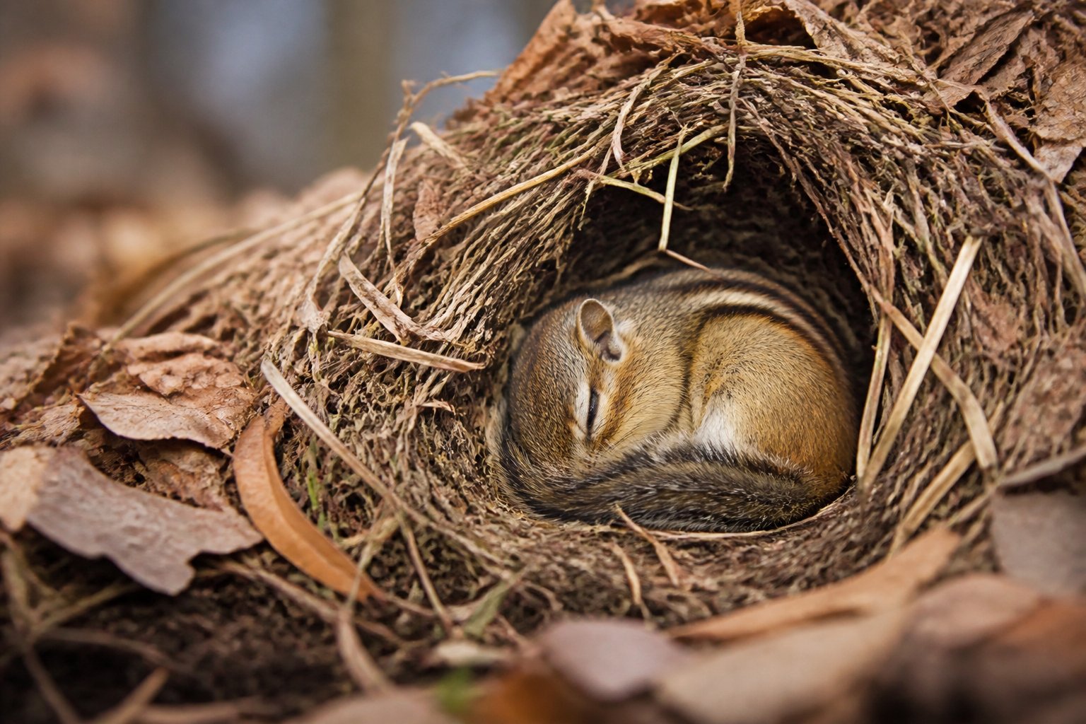 A chipmunk curled up sleeping inside a burrow surrounded by fallen leaves and dry grass in a forest during late autumn.