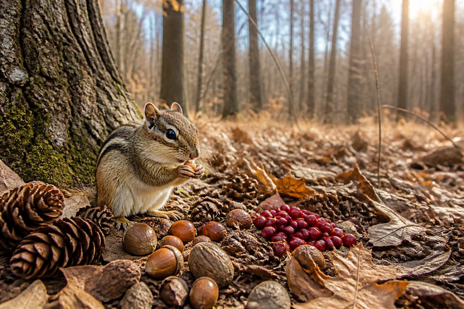 A chipmunk gathering nuts and seeds on a forest floor covered with fallen leaves during late autumn or early winter.