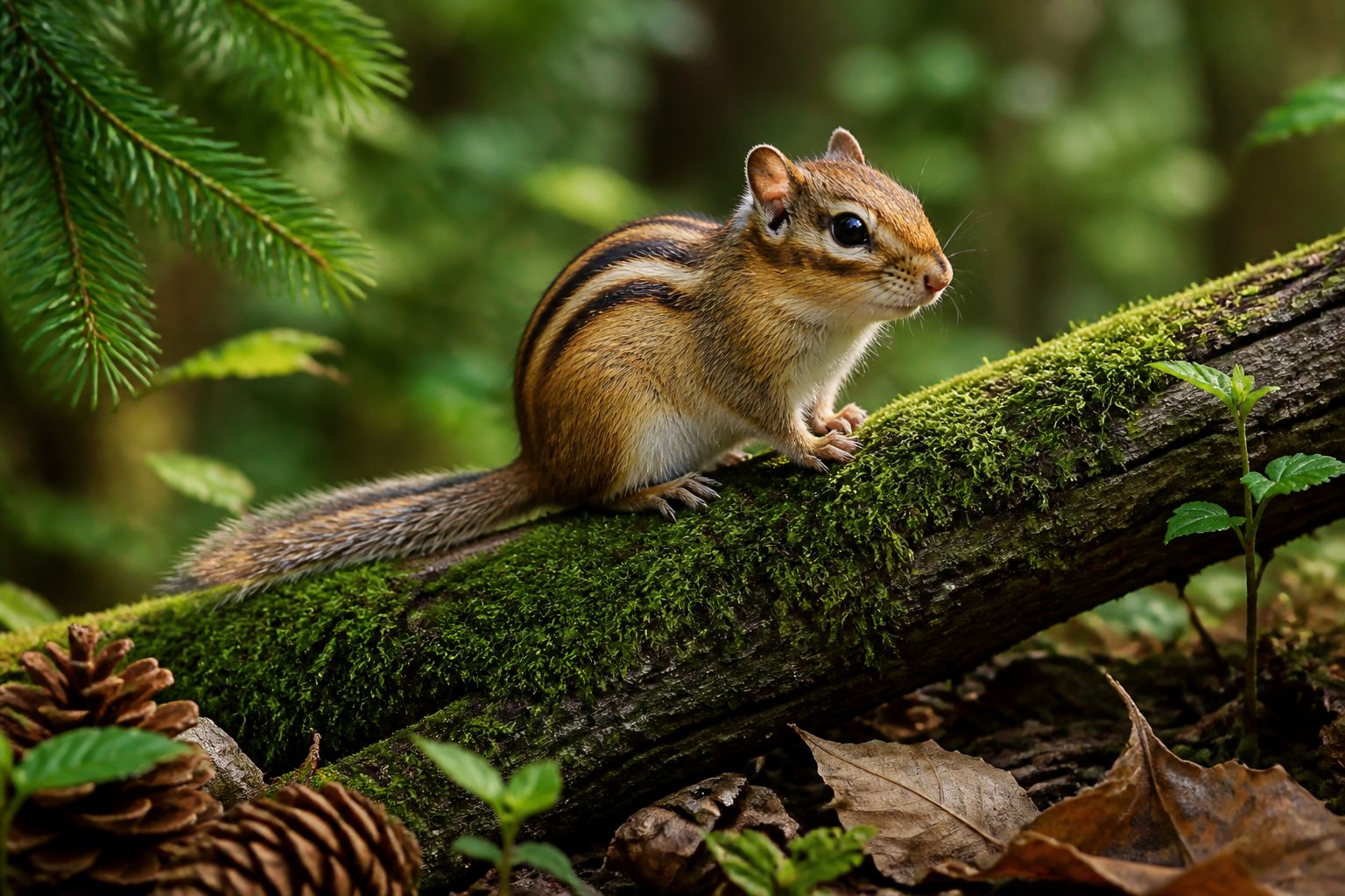 A chipmunk sitting on a mossy tree branch in a green forest with sunlight filtering through the trees.