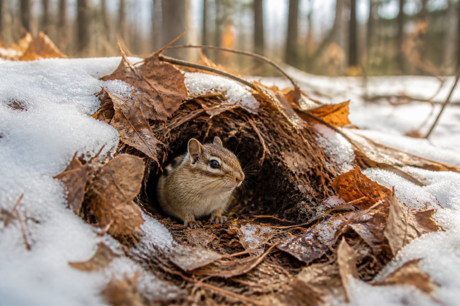 A chipmunk sitting inside a small burrow on the forest floor surrounded by fallen leaves and patches of snow.