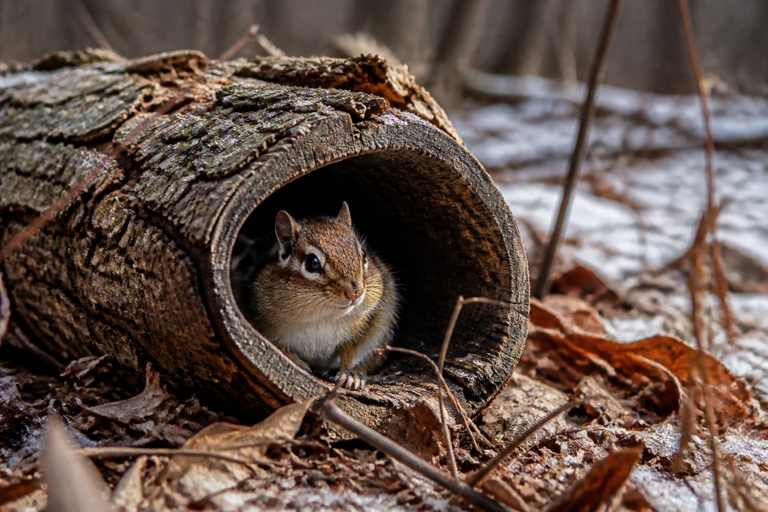 A chipmunk resting inside a hollow tree trunk surrounded by fallen leaves in a forest during late autumn or early winter.