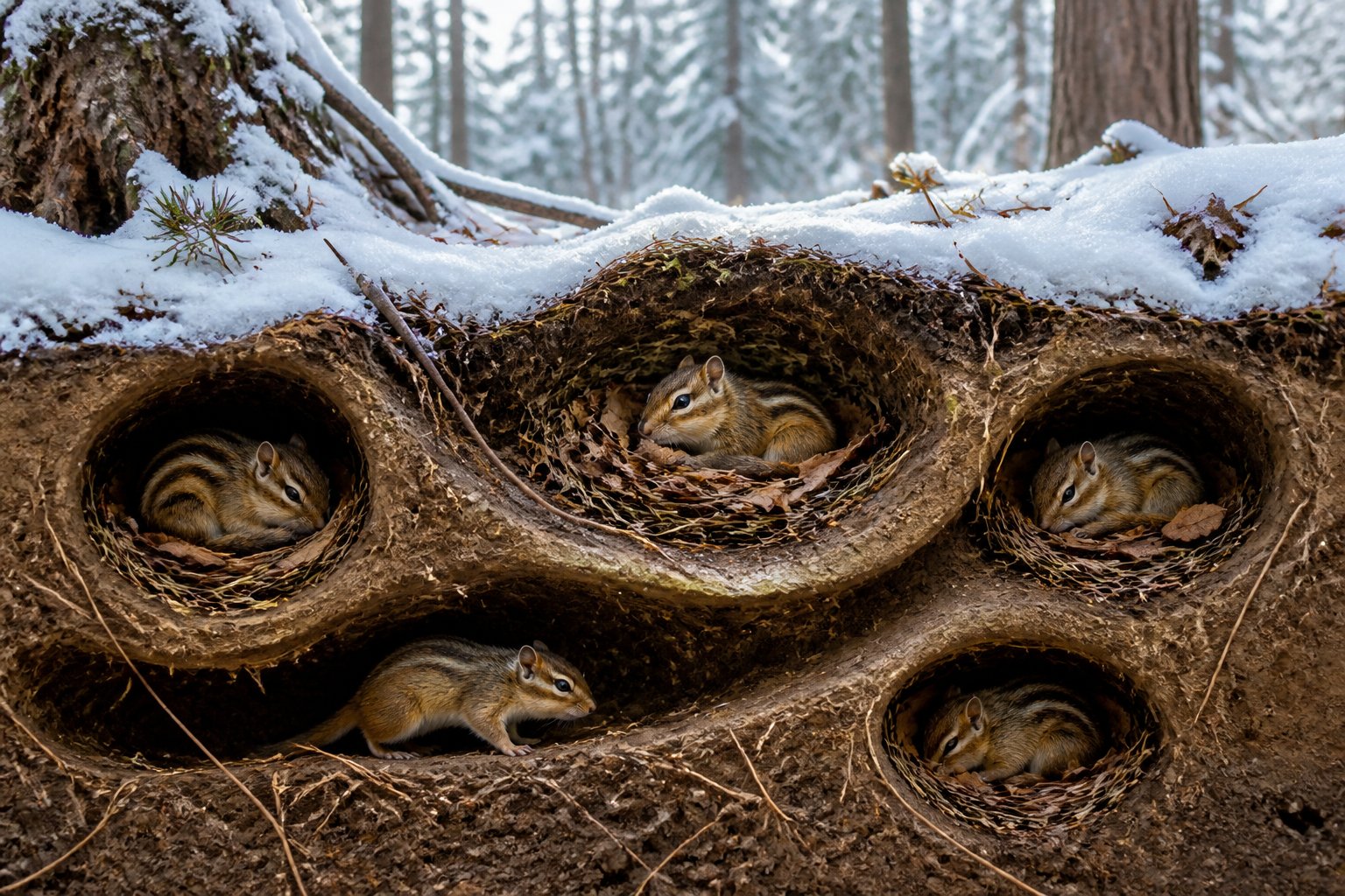 Cross-section of snowy forest floor showing chipmunks resting inside underground burrows during winter.