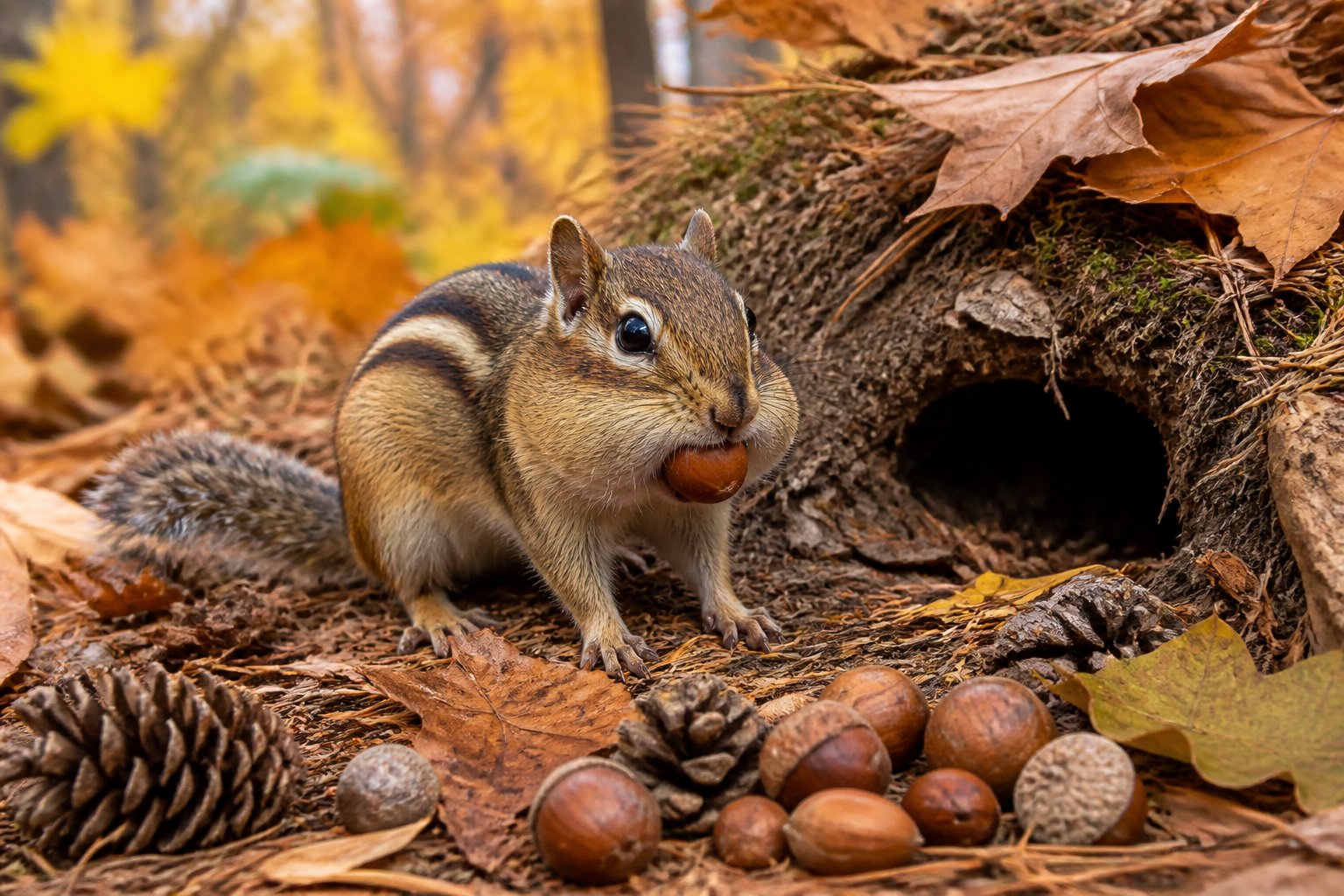 A chipmunk gathering nuts near a burrow entrance in a forest with autumn leaves on the ground.