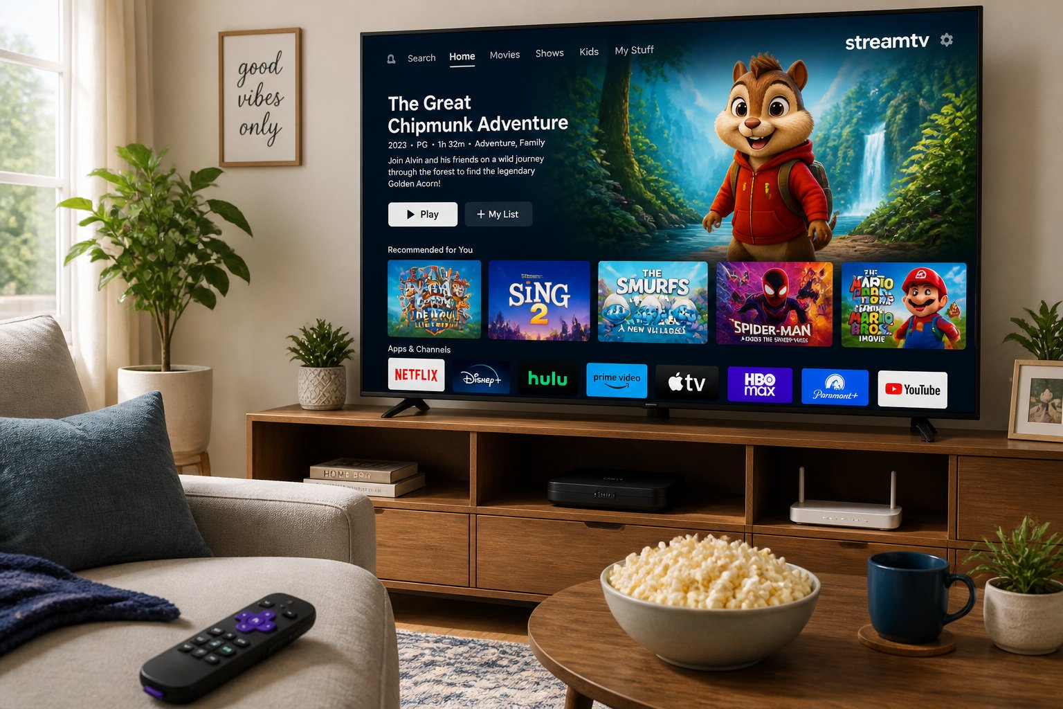 A living room with a smart TV showing a streaming service menu featuring an animated chipmunk movie, with a sofa, coffee table, and natural daylight.