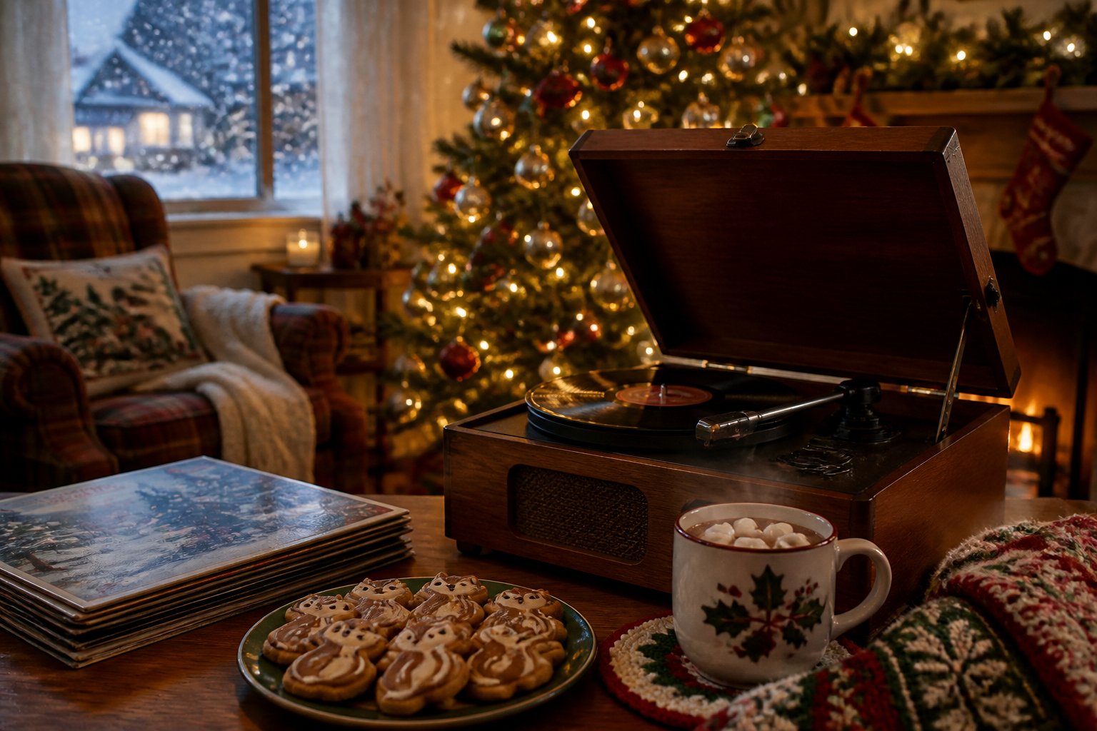A cozy living room decorated for Christmas with a record player, holiday albums, hot cocoa, and cookies shaped like chipmunks.