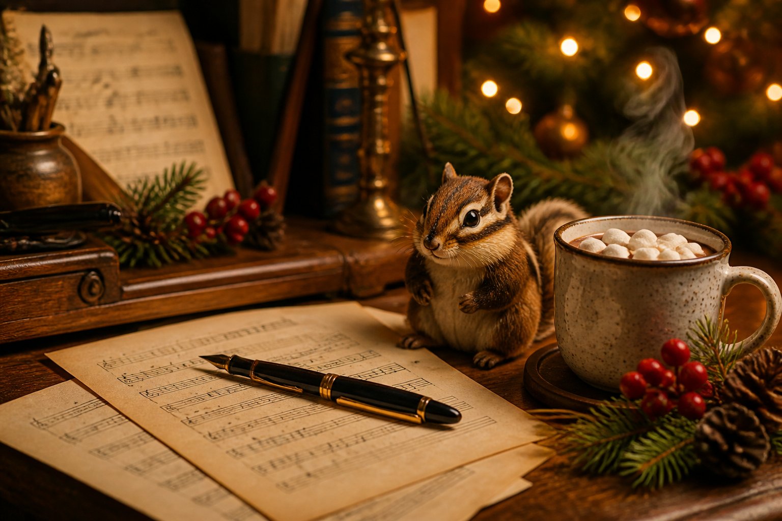 A cozy holiday scene with a wooden desk, sheet music, a chipmunk figurine, and Christmas decorations.