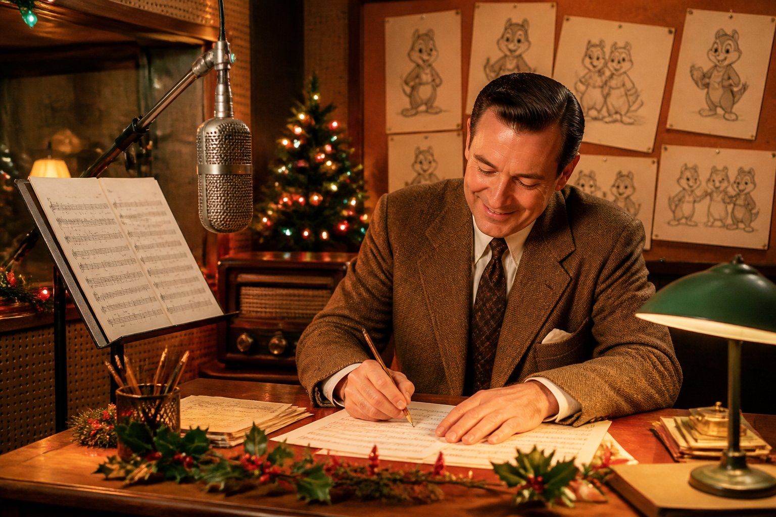 A songwriter in a vintage recording studio composing holiday music with sketches of playful chipmunk characters on a board nearby.