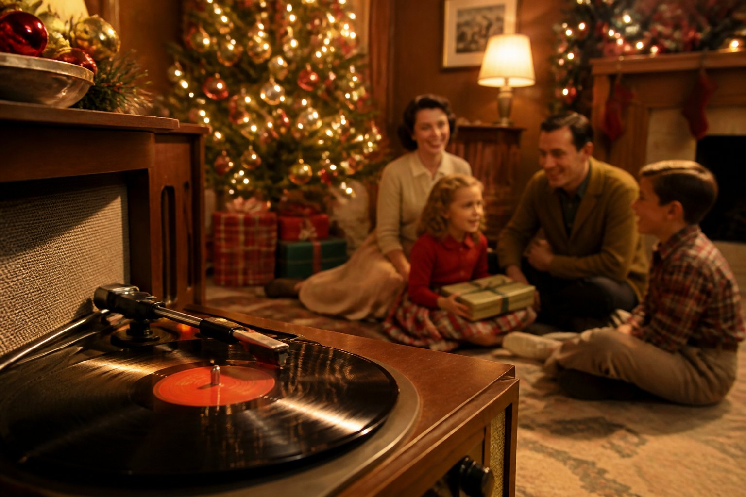A family in a cozy living room with a decorated Christmas tree and a vintage record player playing holiday music.