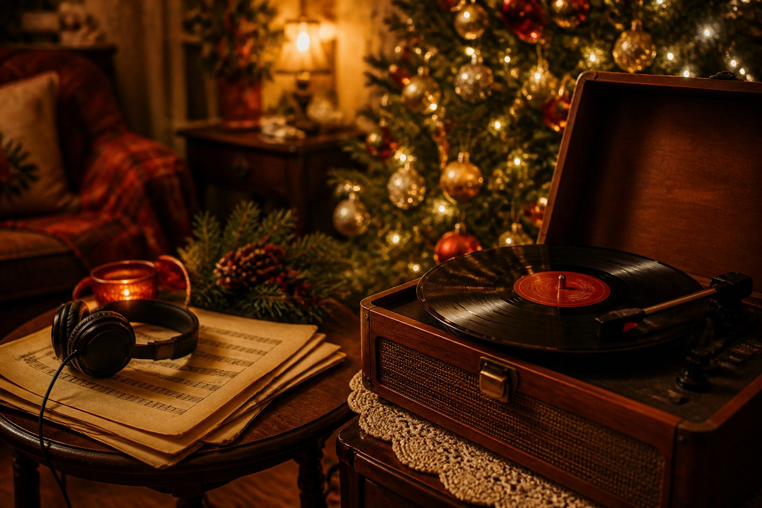 A cozy living room with a Christmas tree, a vintage record player playing music, and a table with sheet music and headphones.