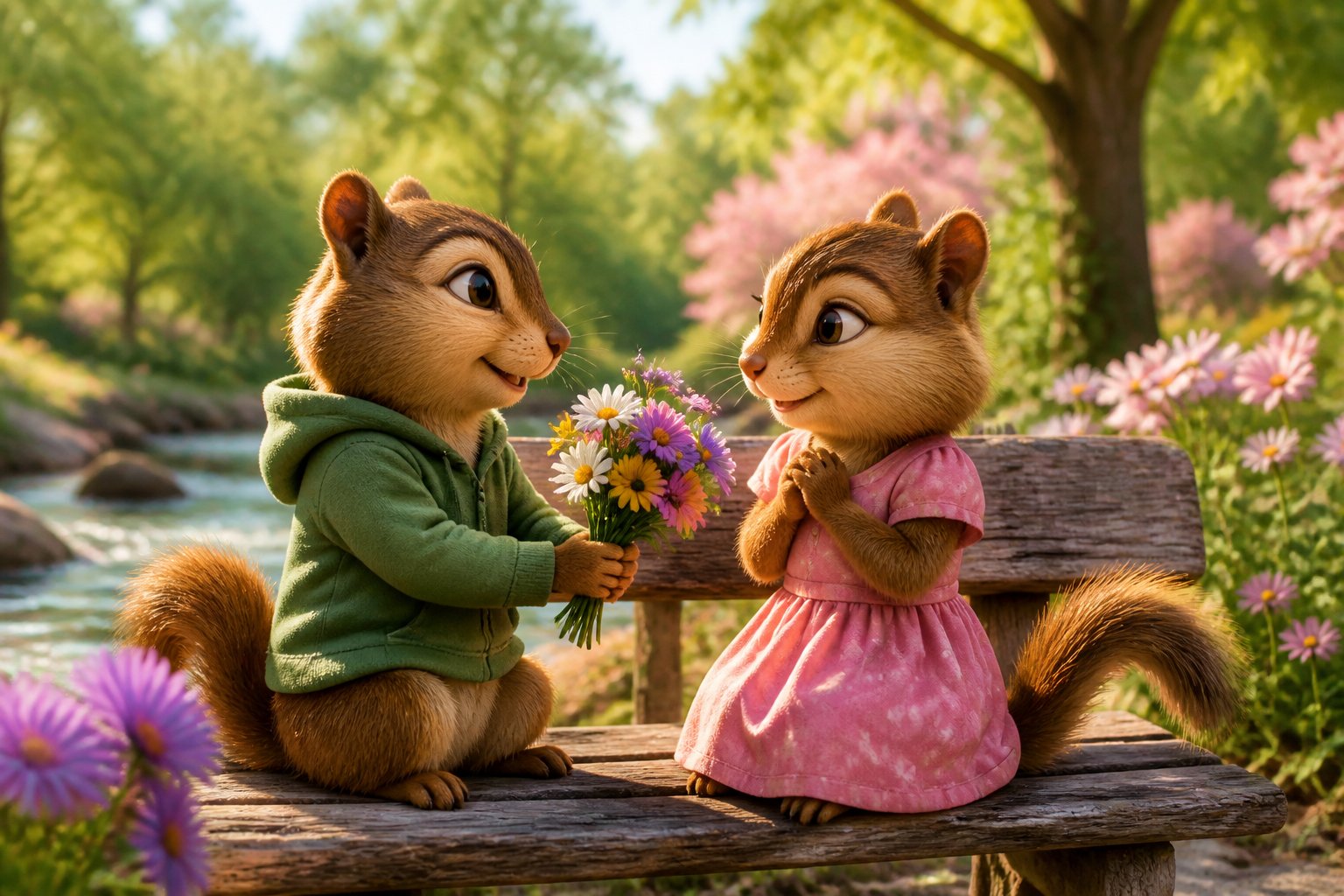 Two chipmunks sitting together on a bench in a sunny park, one giving flowers to the other.
