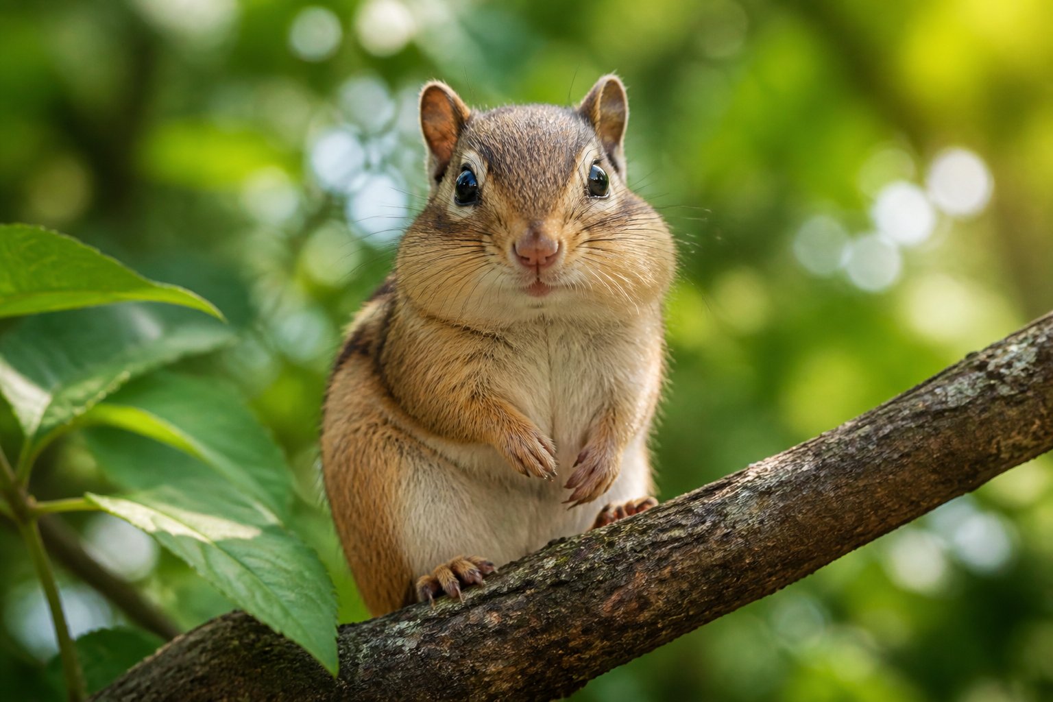 A chipmunk sitting on a tree branch in a forest, looking directly ahead with a curious expression.