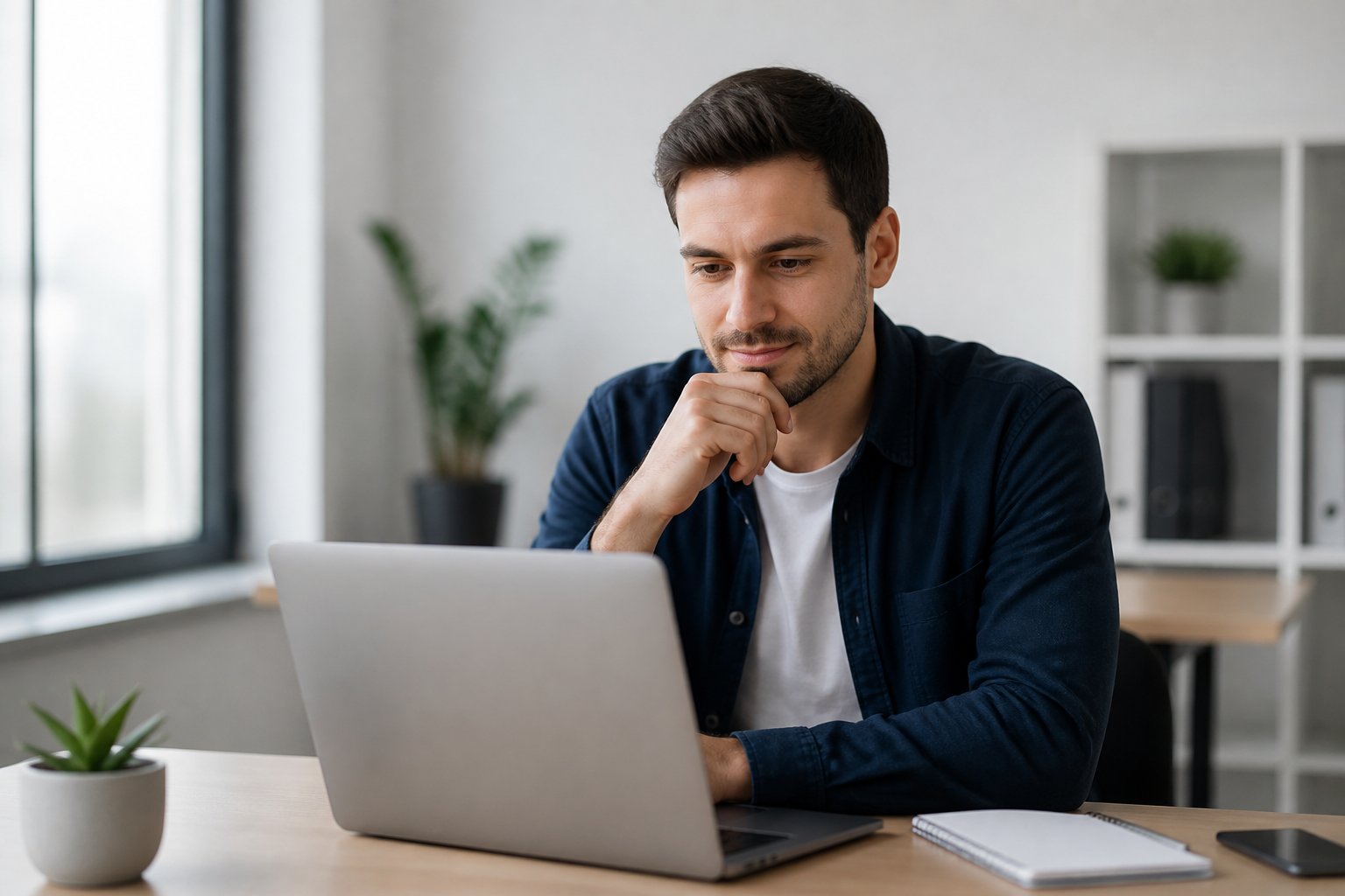 A young man sitting at a desk looking at a laptop in a bright, modern office.