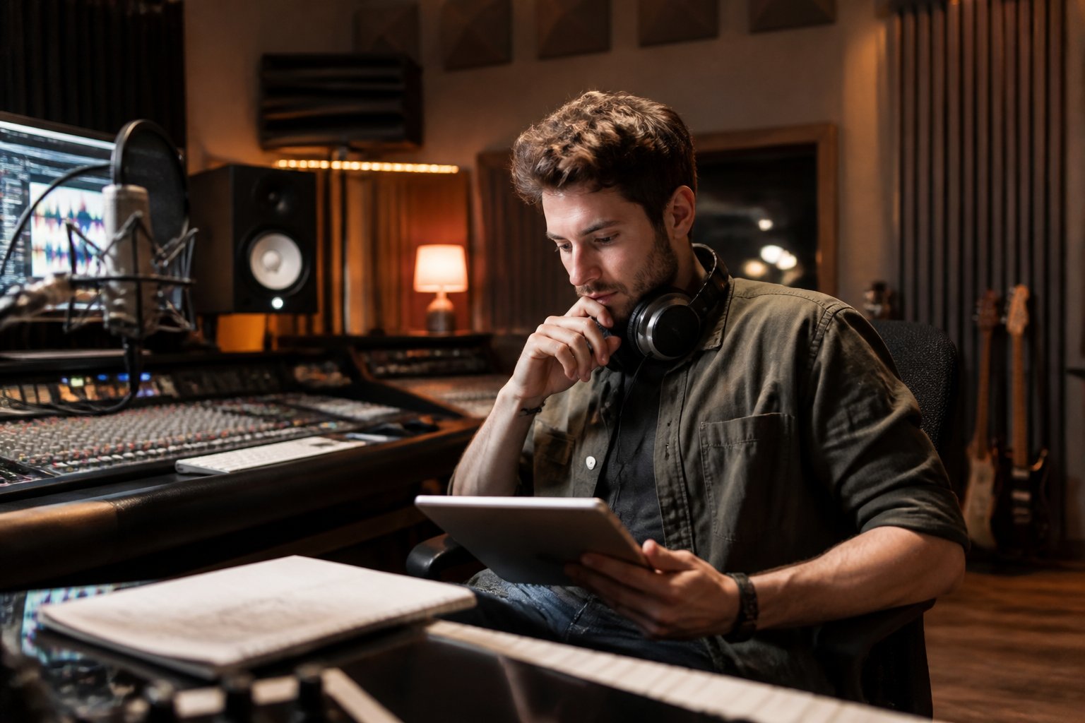 A young male musician in a recording studio looking thoughtfully at a tablet, surrounded by audio equipment.