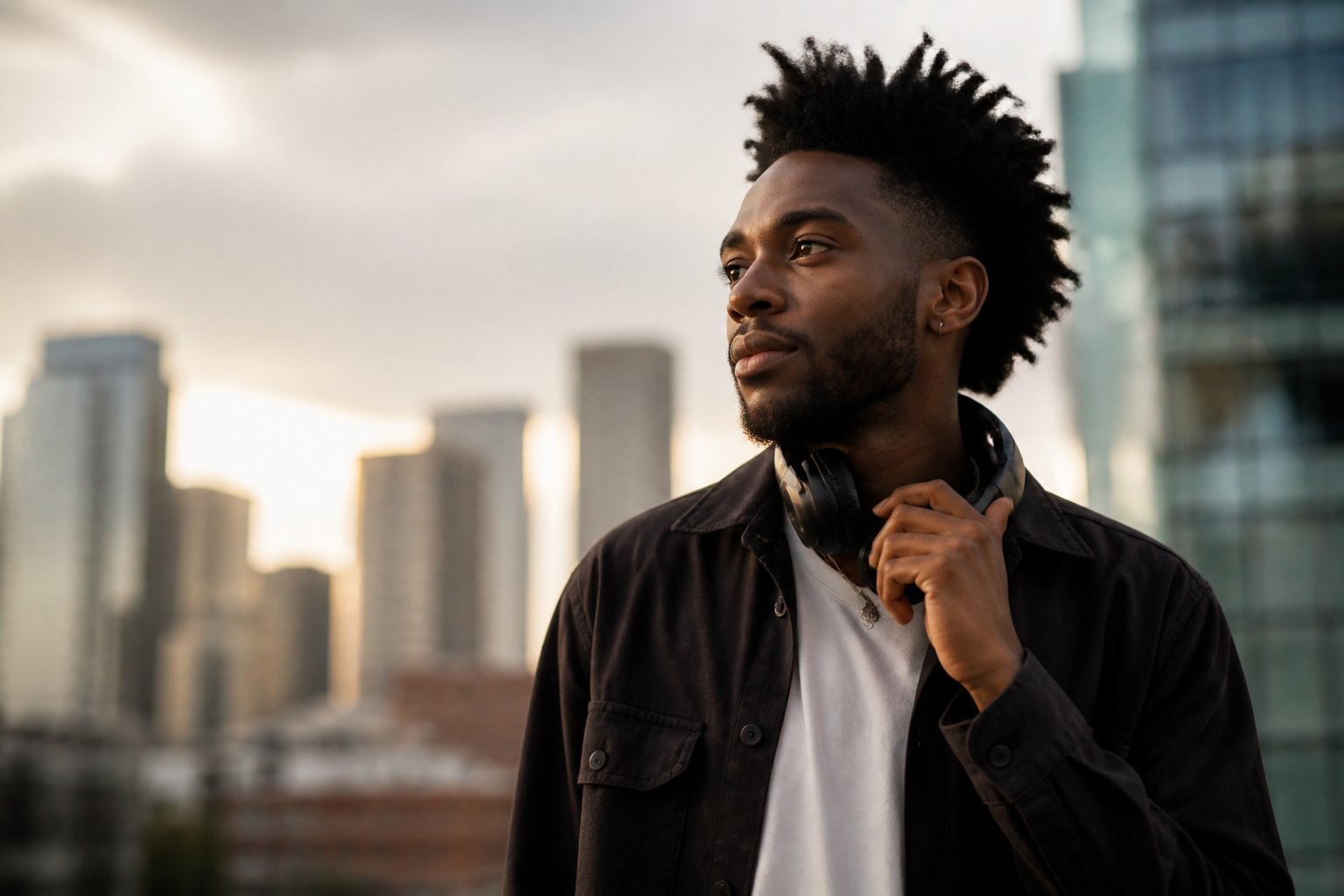 A young Black male musician standing thoughtfully in an urban environment, wearing headphones around his neck.