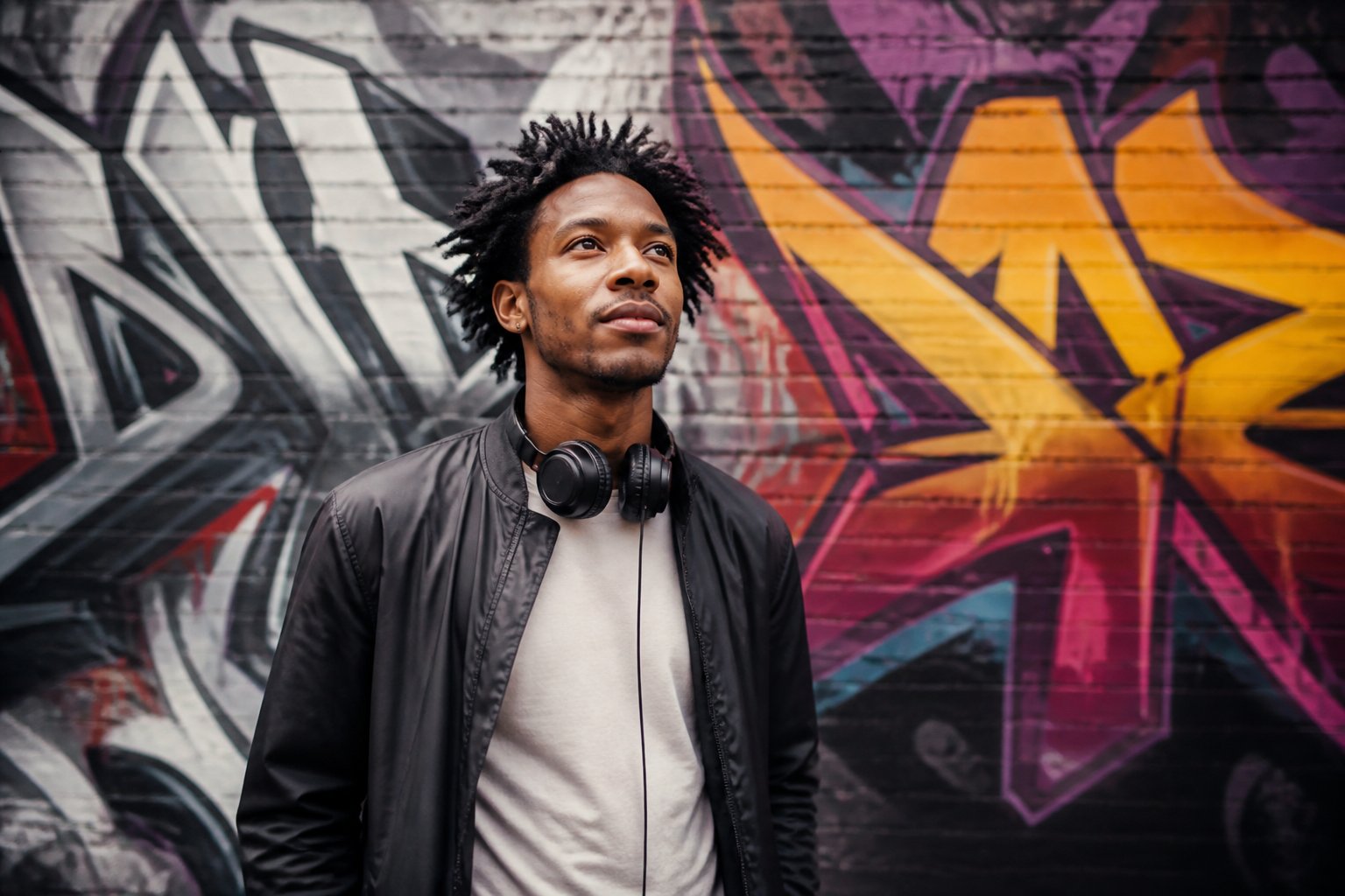 A young male musician wearing headphones stands thoughtfully in an urban environment with artistic name tags in the background.