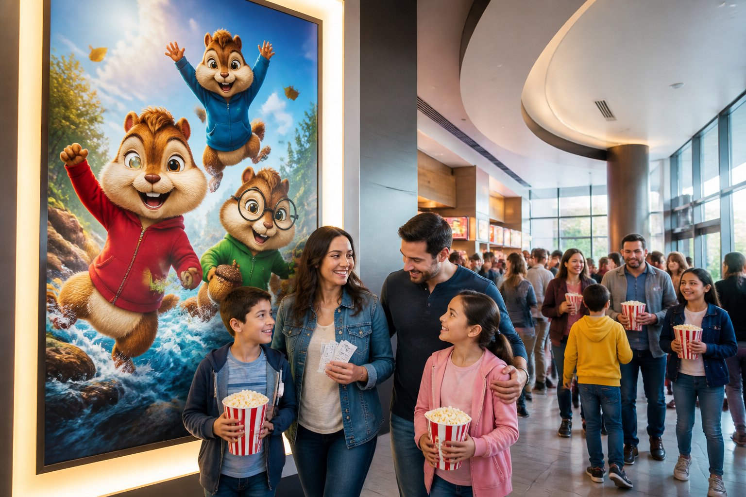 Families and children waiting excitedly in a movie theater lobby with a colorful animated chipmunk movie poster in the background.