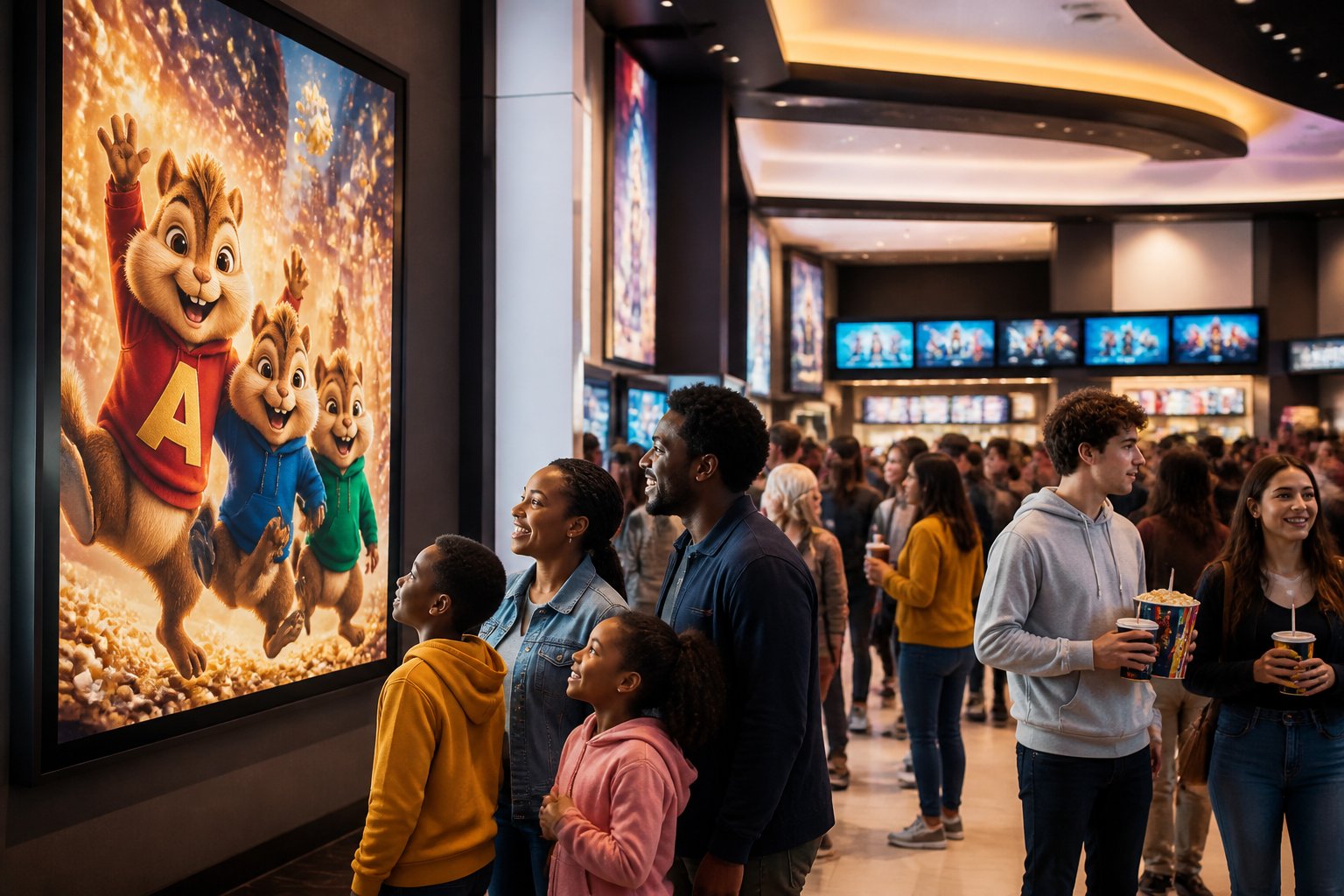 A busy movie theater lobby with families and children looking at colorful animated movie posters, including one featuring chipmunks.