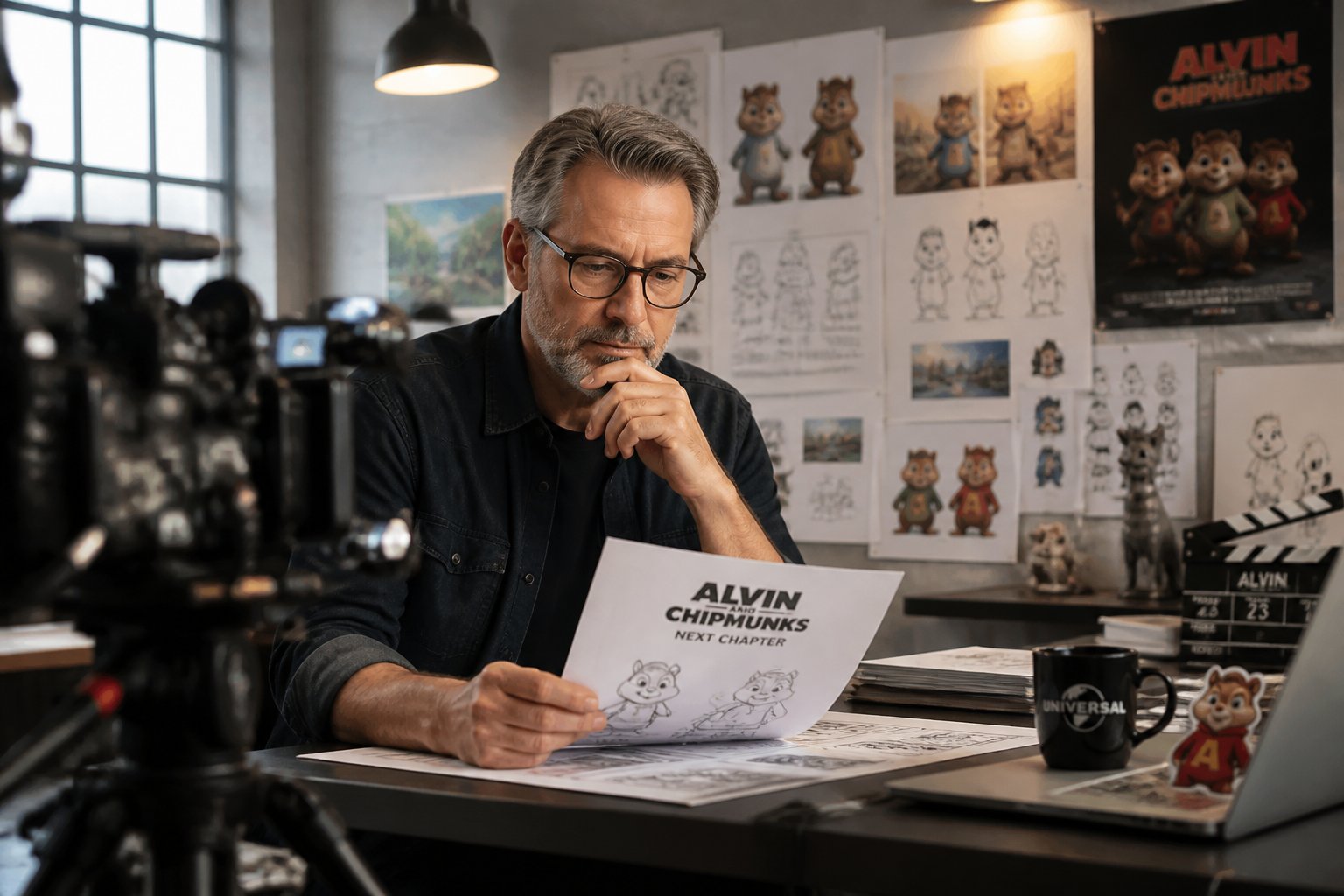 A person in a film studio reviewing a script with movie equipment and storyboards in the background.