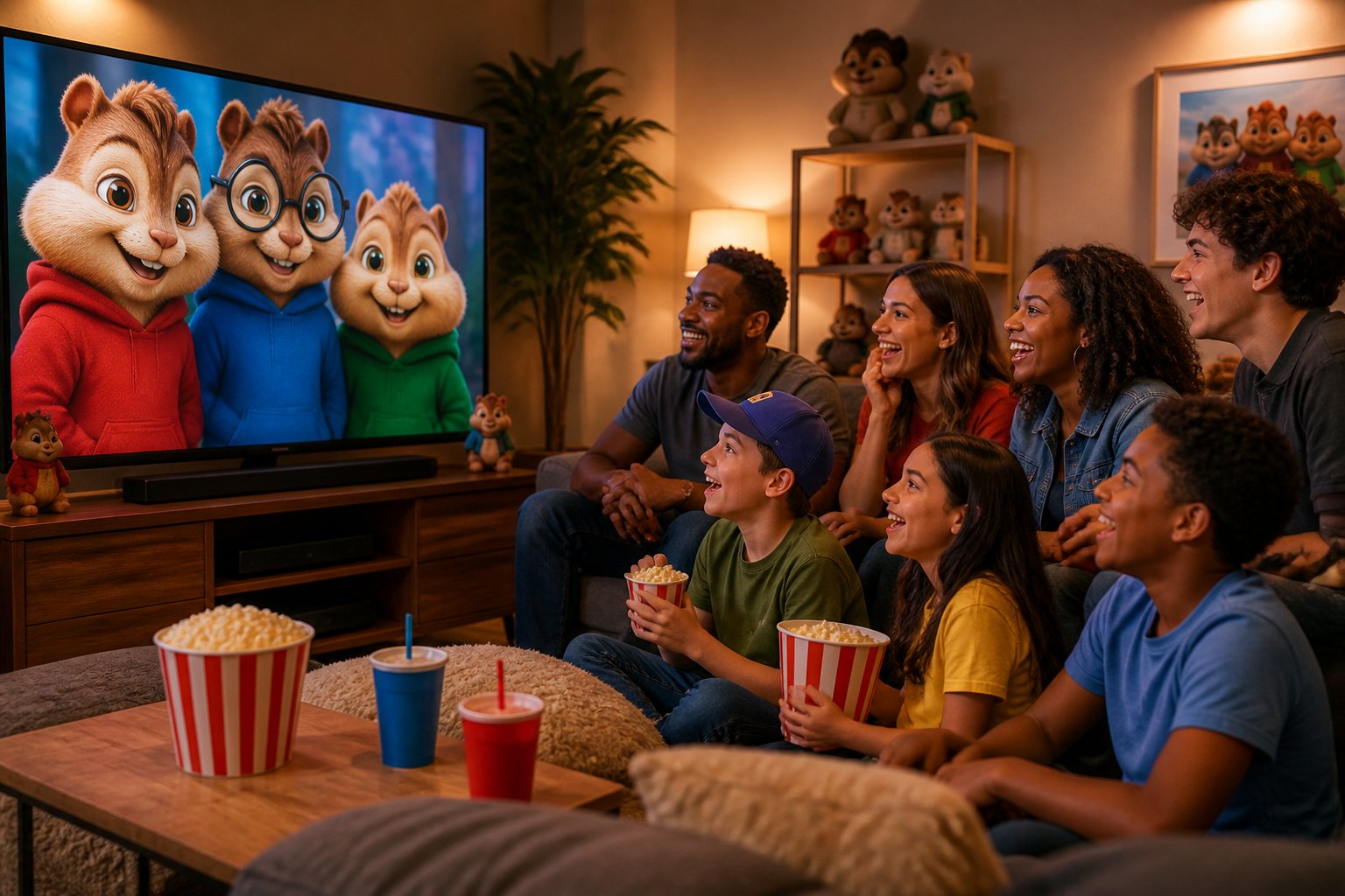 A group of people watching an animated chipmunk movie together in a cozy living room, smiling and enjoying the experience.