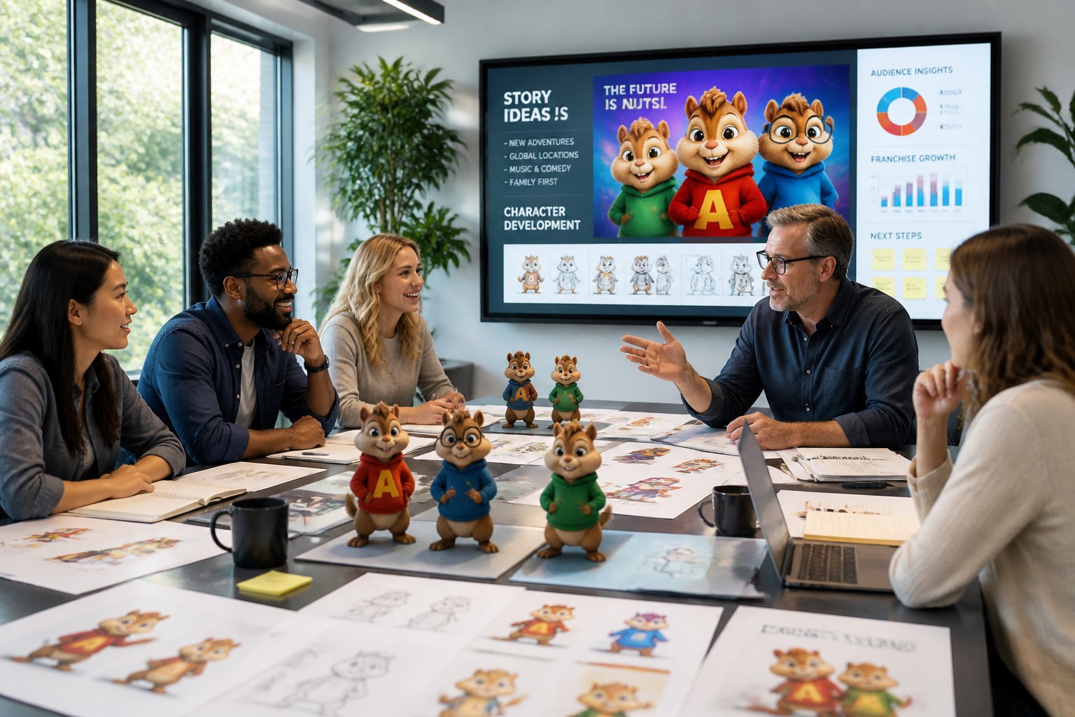 A group of professionals in a modern office discussing animated chipmunk character designs around a conference table.