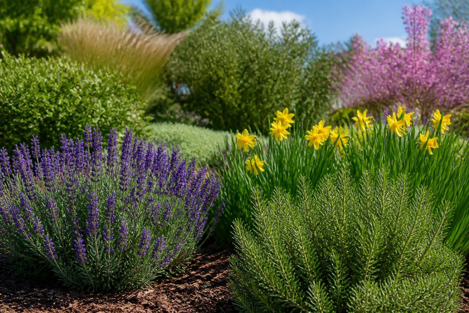 A garden with various green plants and colorful flowers that chipmunks avoid.
