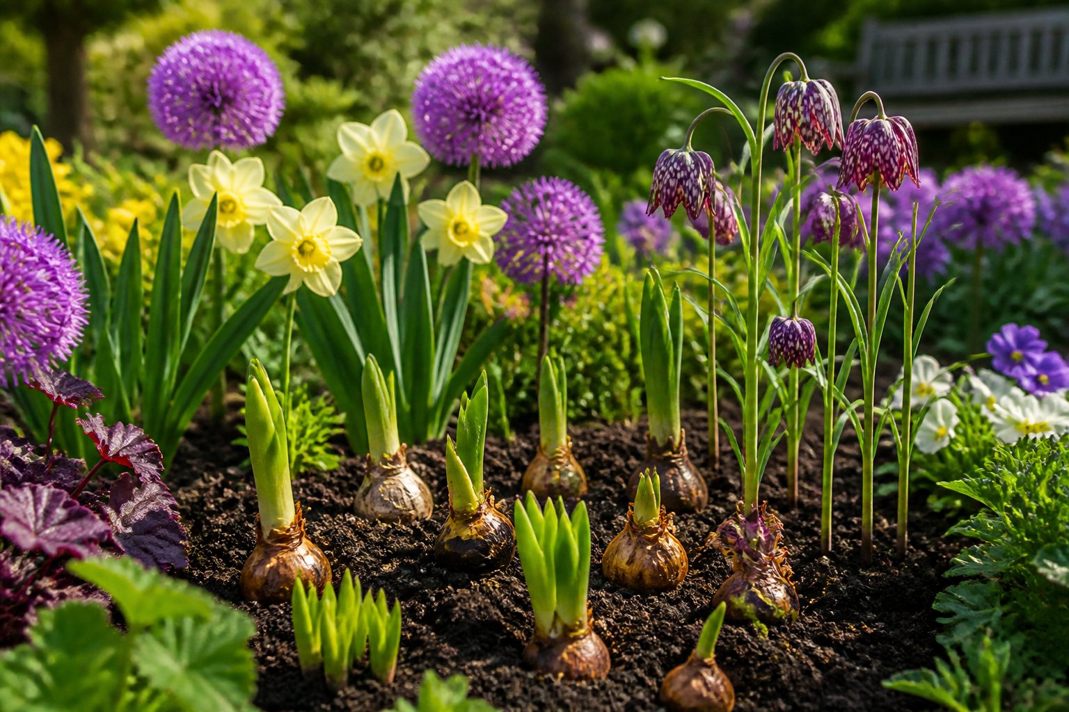 Garden bed with various flower bulbs and green shoots surrounded by blooming plants in sunlight.