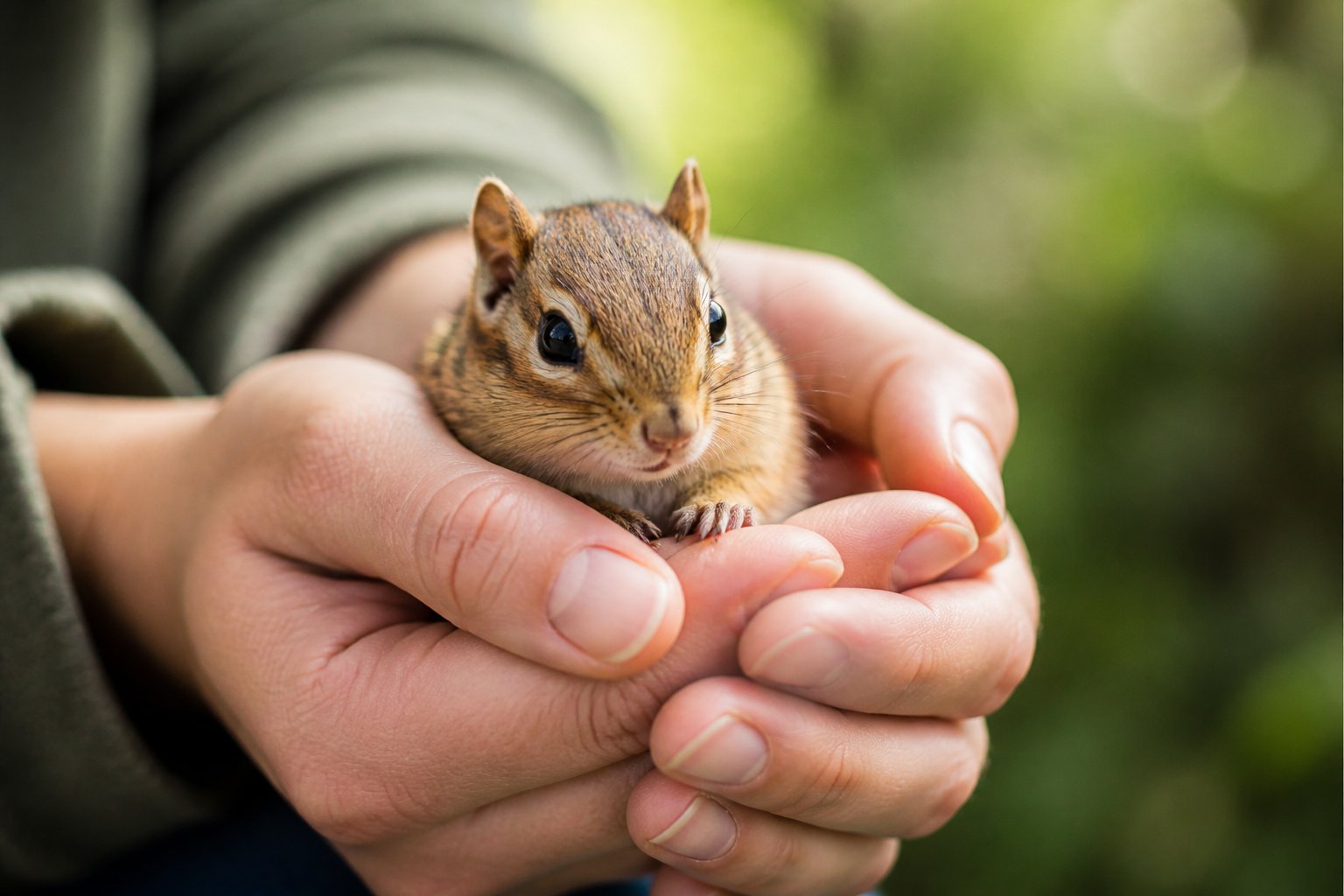 A person gently holding a small chipmunk in their hands outdoors with green blurred background.