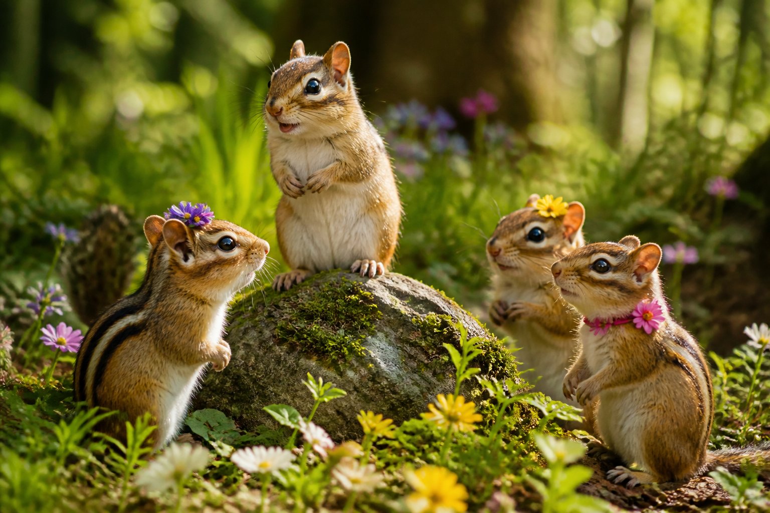 A chipmunk and three female chipmunks play together on a mossy rock in a sunlit forest surrounded by green plants and flowers.