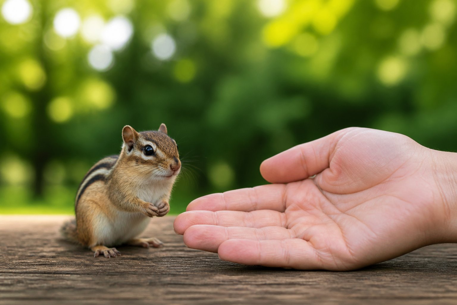 A small chipmunk standing on a wooden surface next to a human hand for size comparison.