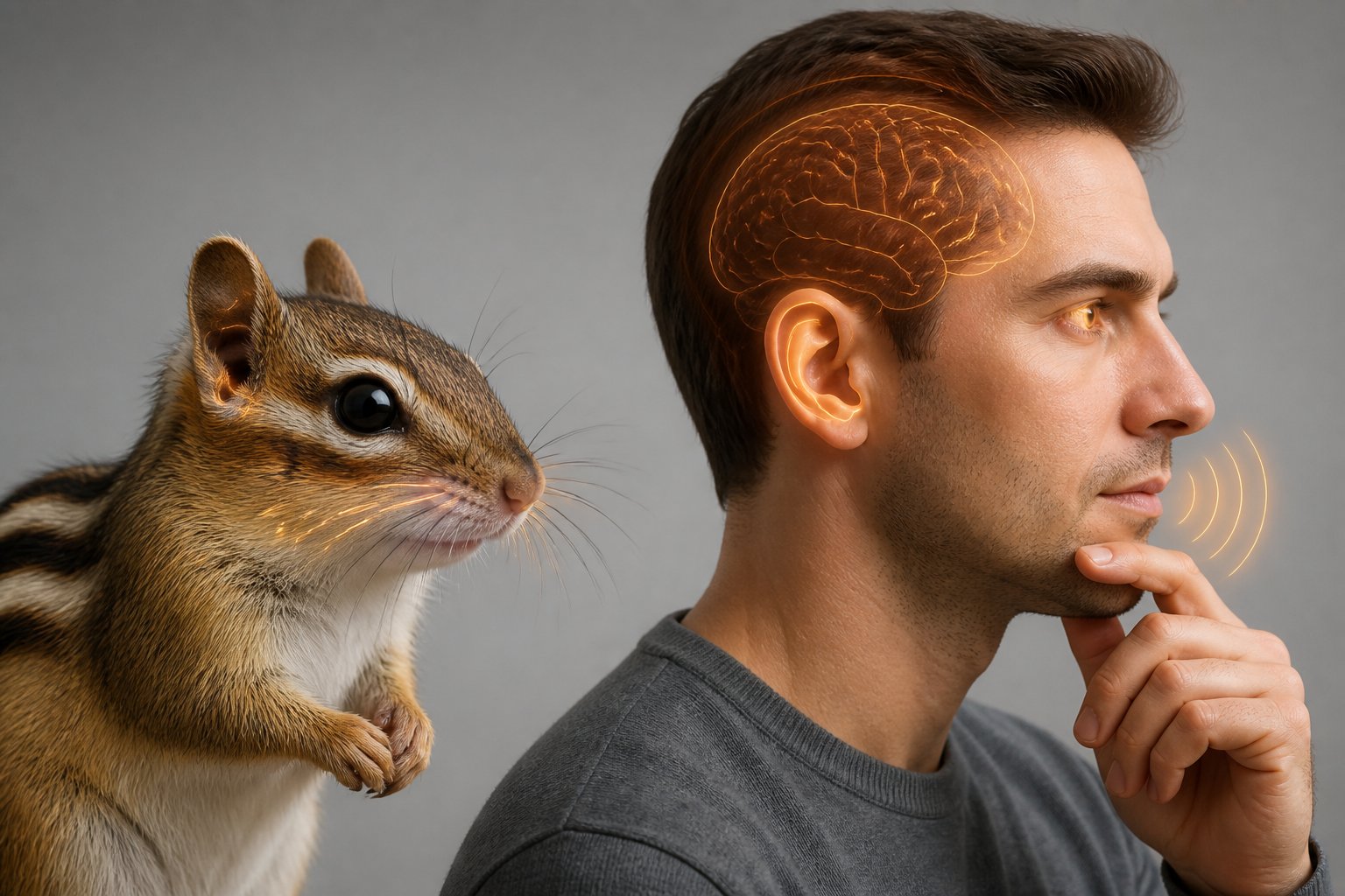 Side-by-side image of a chipmunk and a human showing their heads and upper bodies, highlighting sensory and communication features.