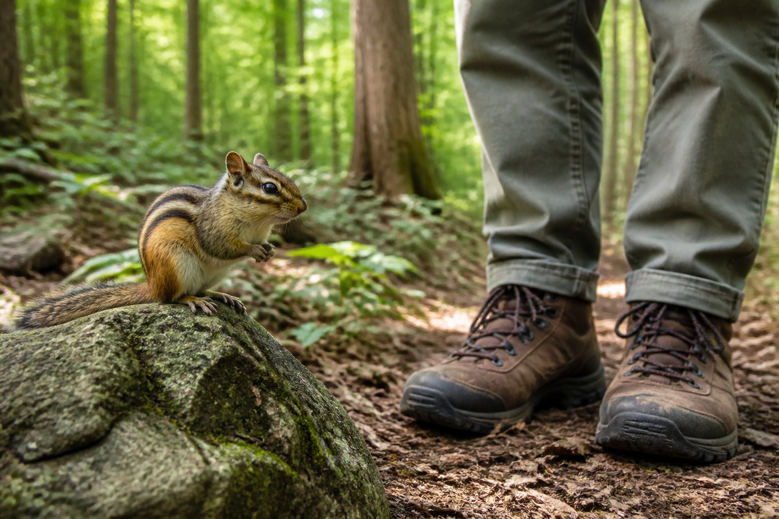 A chipmunk sitting on a rock next to a human's legs in a forest setting.