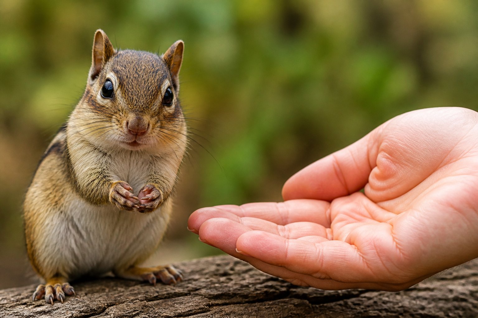 A chipmunk sitting next to a human hand on a wooden surface, both shown in close-up.