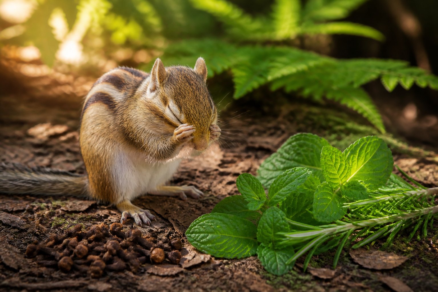 A chipmunk in a forest near mint leaves, cloves, and rosemary on the ground.