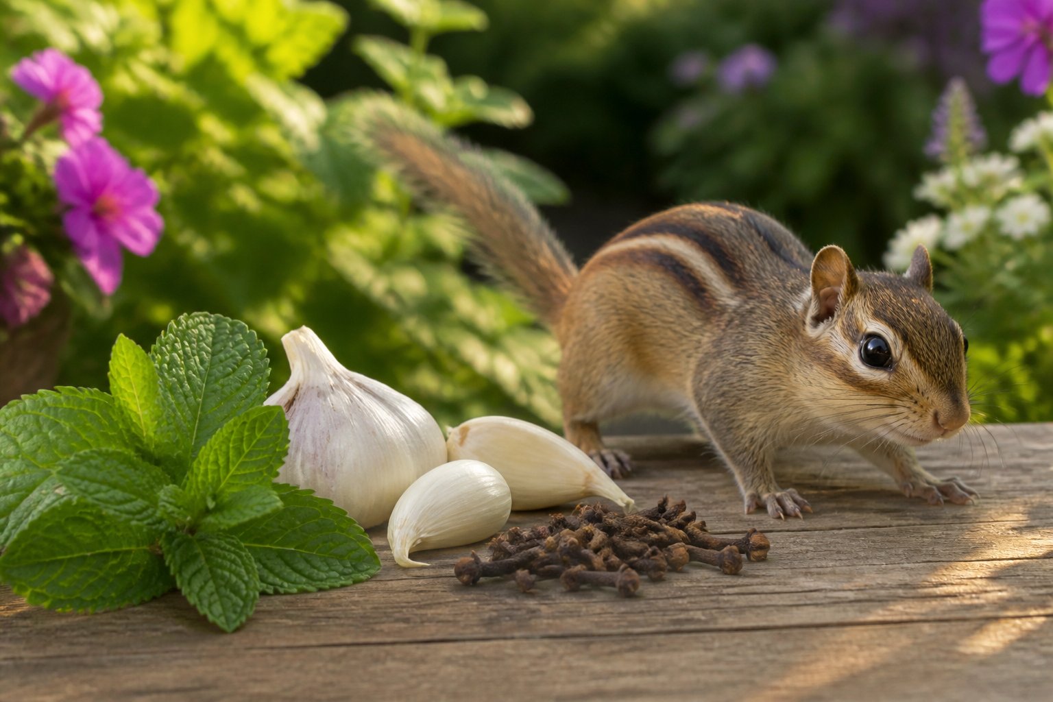A chipmunk near peppermint, cloves, and garlic in a garden setting with green plants.