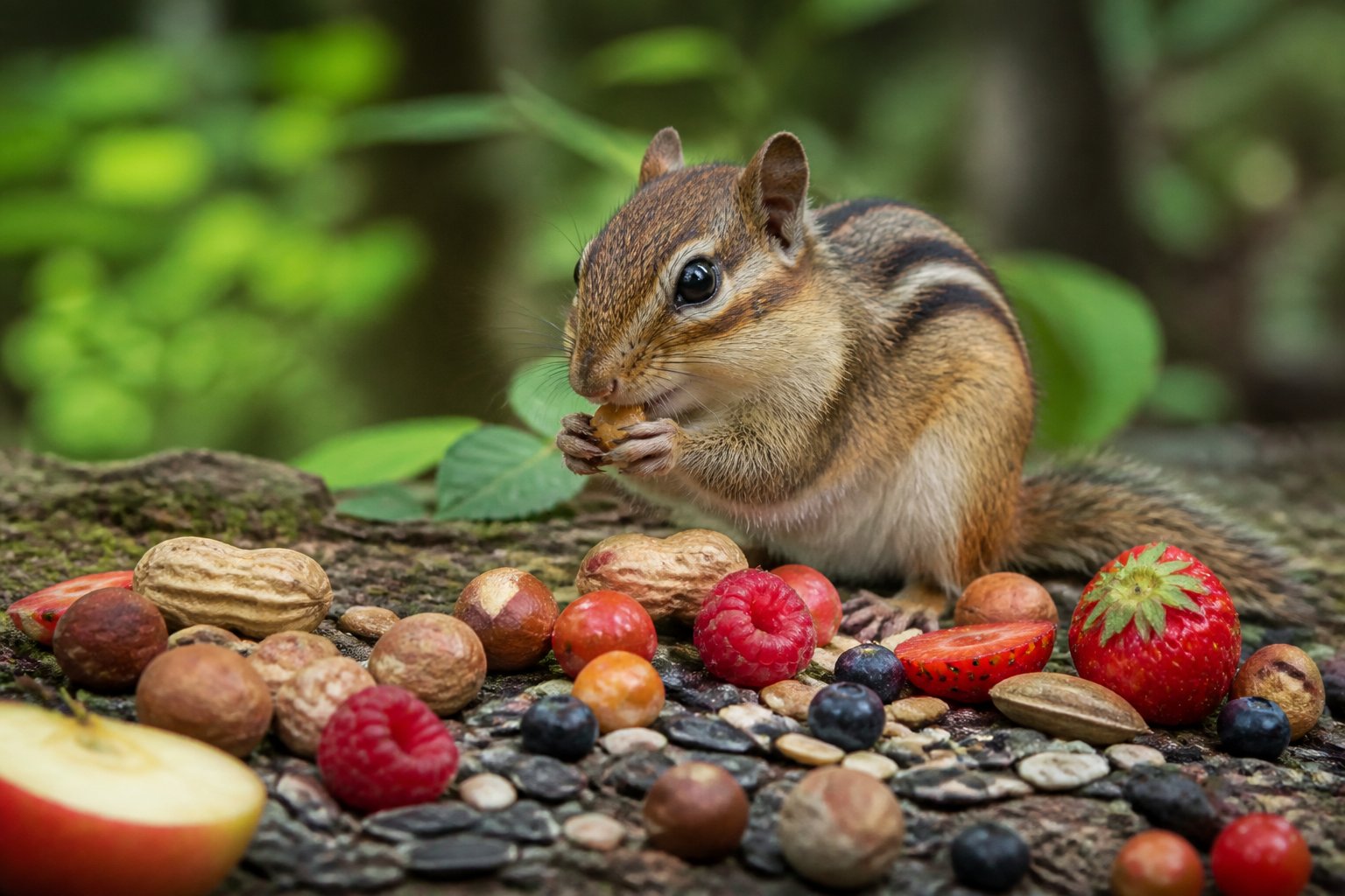 A chipmunk surrounded by nuts, seeds, and berries in a forest setting.