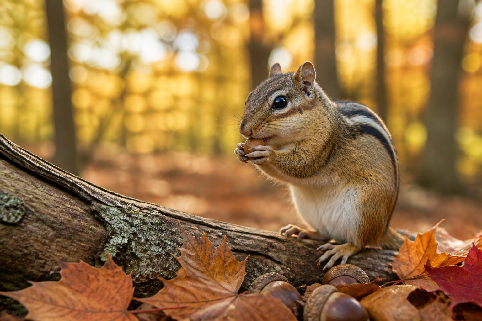 A chipmunk eating a nut on a tree branch in a forest with autumn leaves.