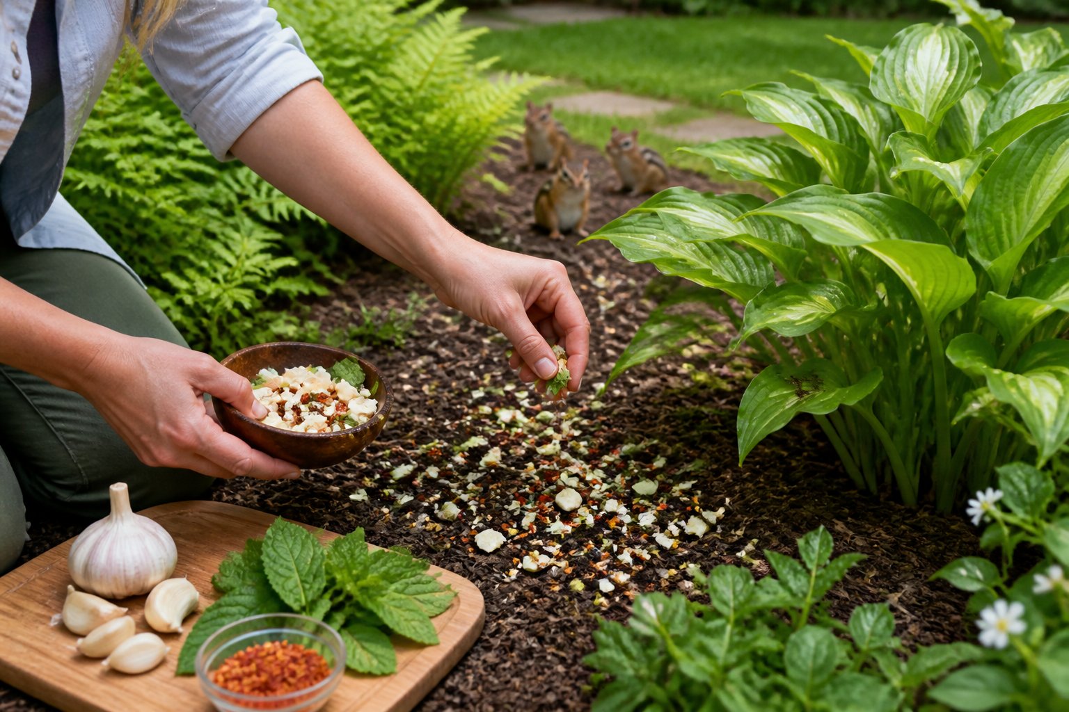 A person sprinkling natural smell-based deterrents around plants in a garden while chipmunks retreat in the background.