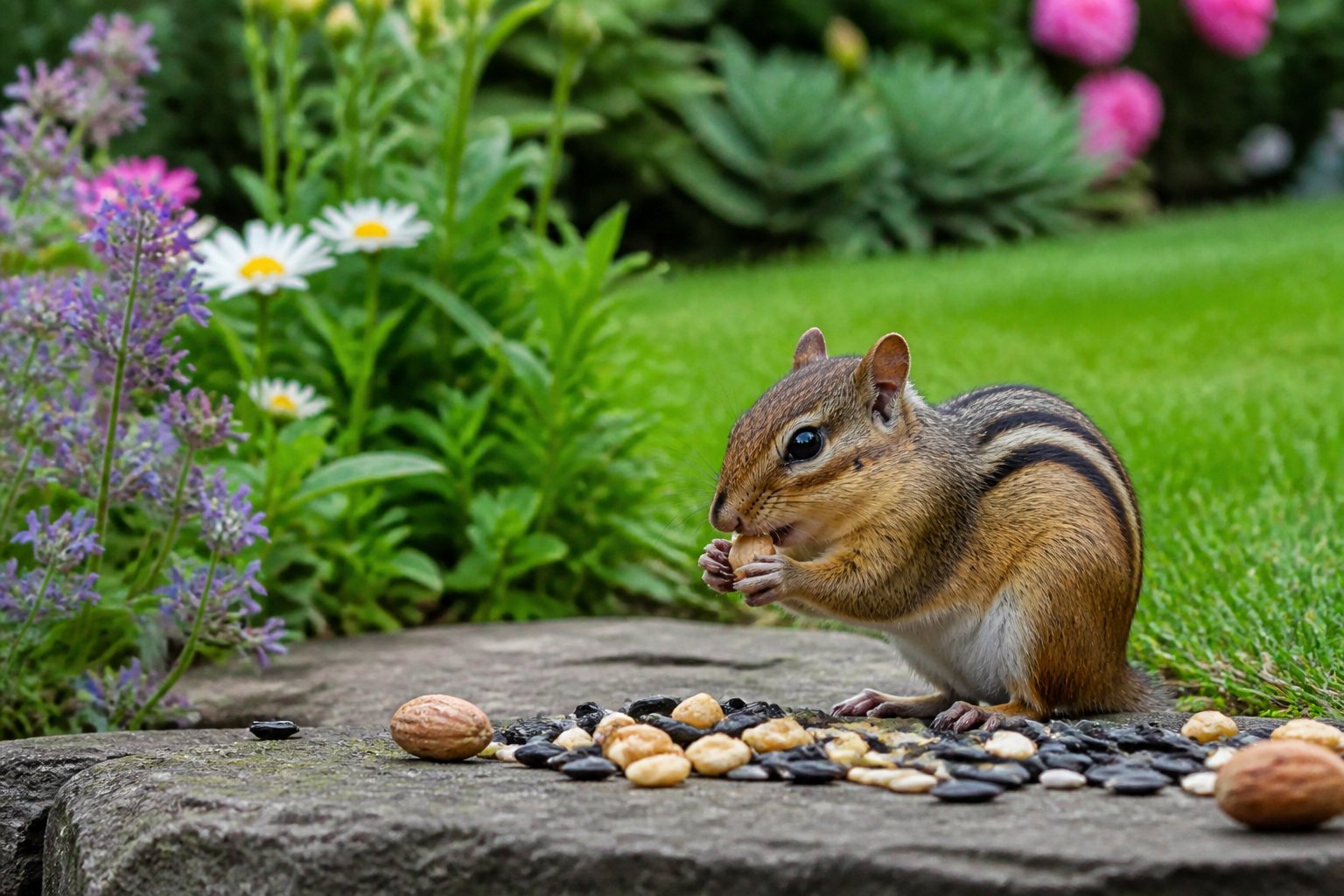 A chipmunk eating seeds on the ground in a green yard with plants in the background.