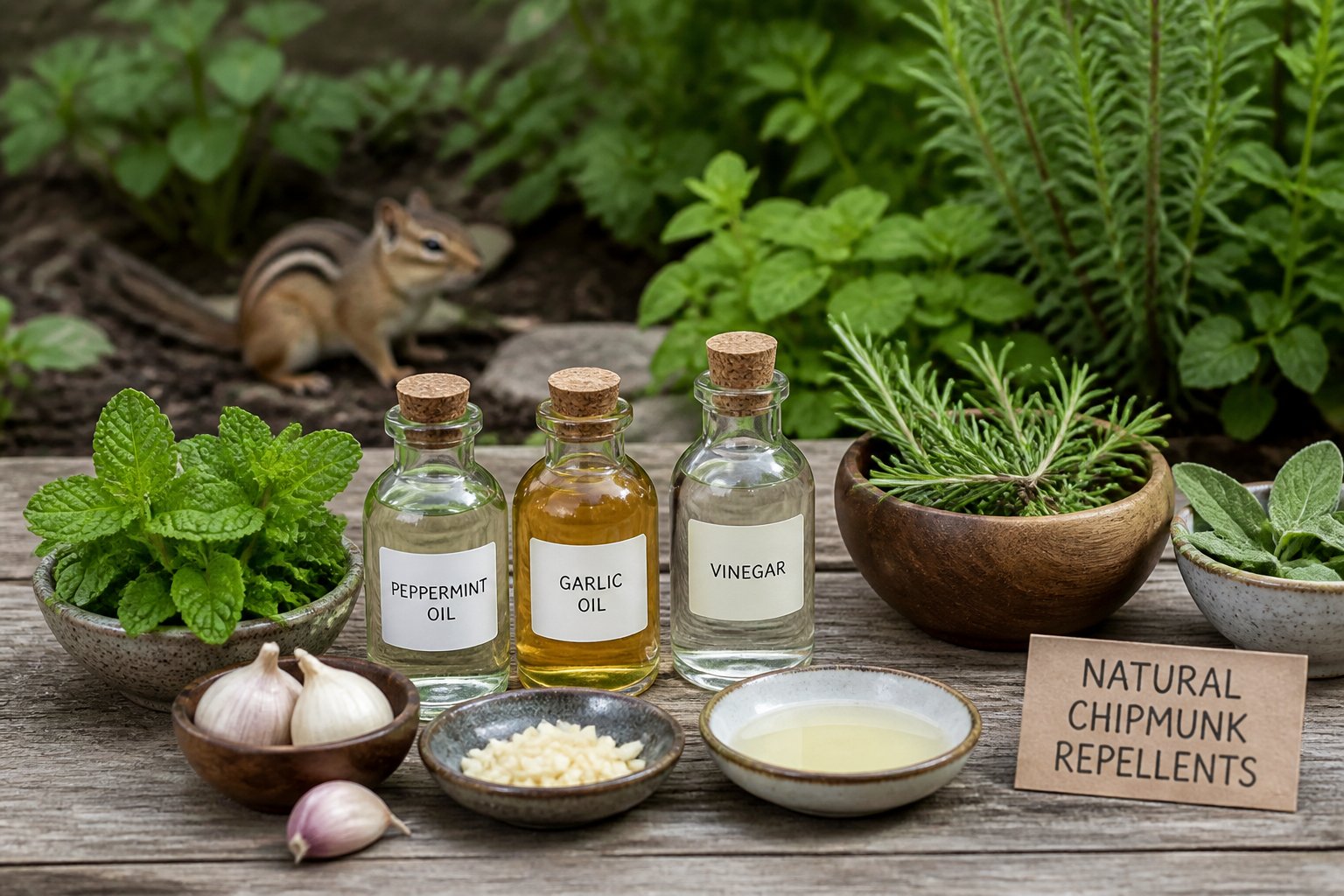 A garden scene showing natural repellents like essential oils and herbs on a table with a chipmunk near plants in the background.