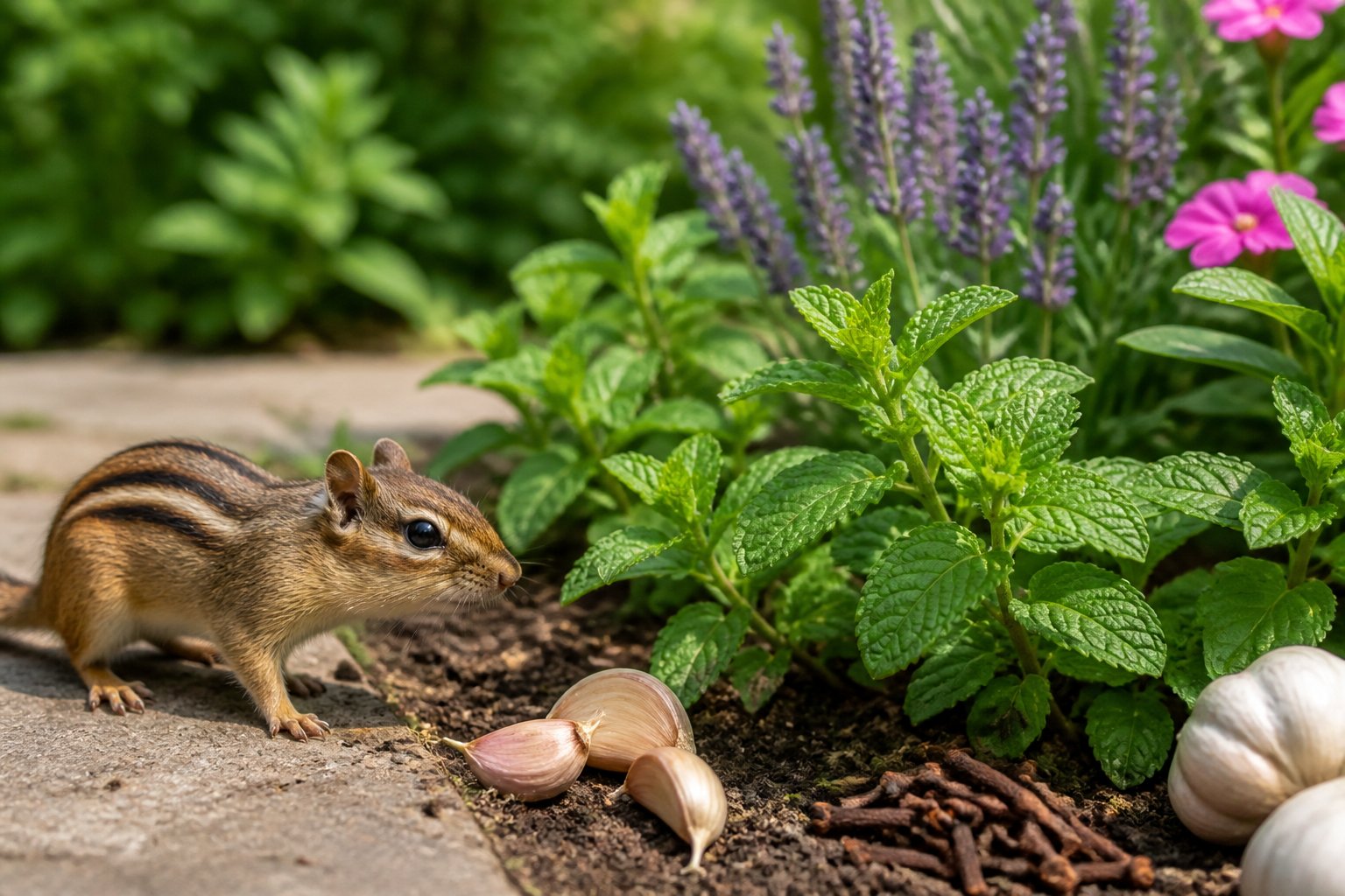 A chipmunk near plants with garlic and peppermint placed around a garden area.