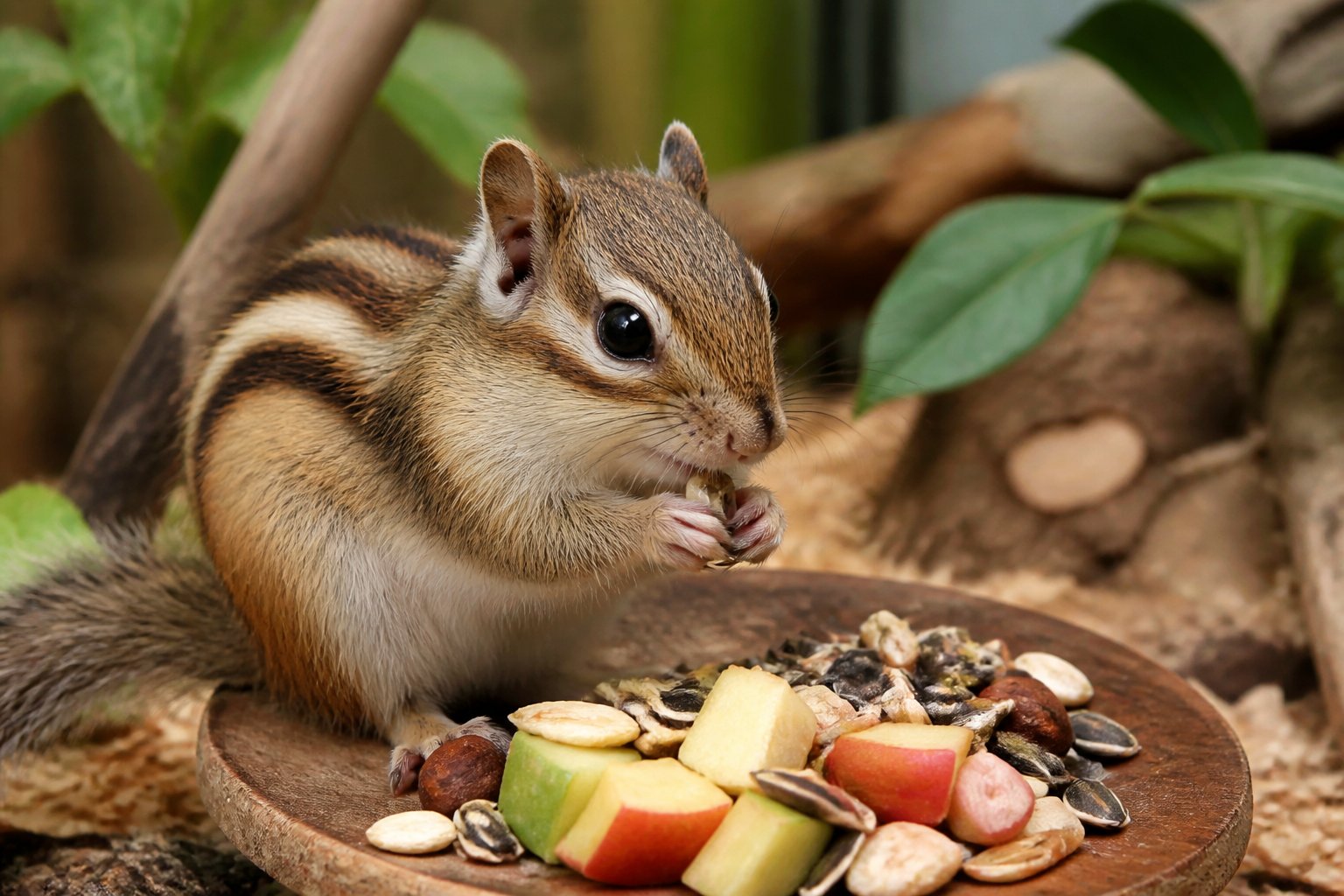 A chipmunk sitting on a wooden platform inside an enclosure with seeds, nuts, and fruit around it.