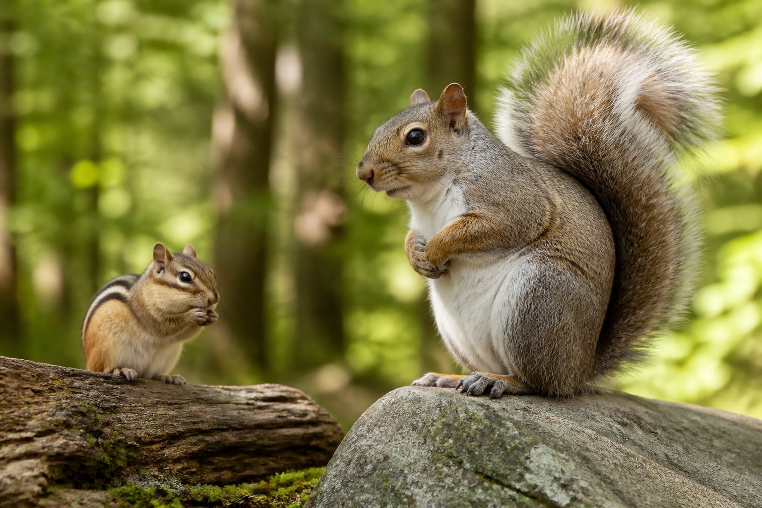 A chipmunk and a squirrel side by side in a forest setting, showing their size and fur differences.