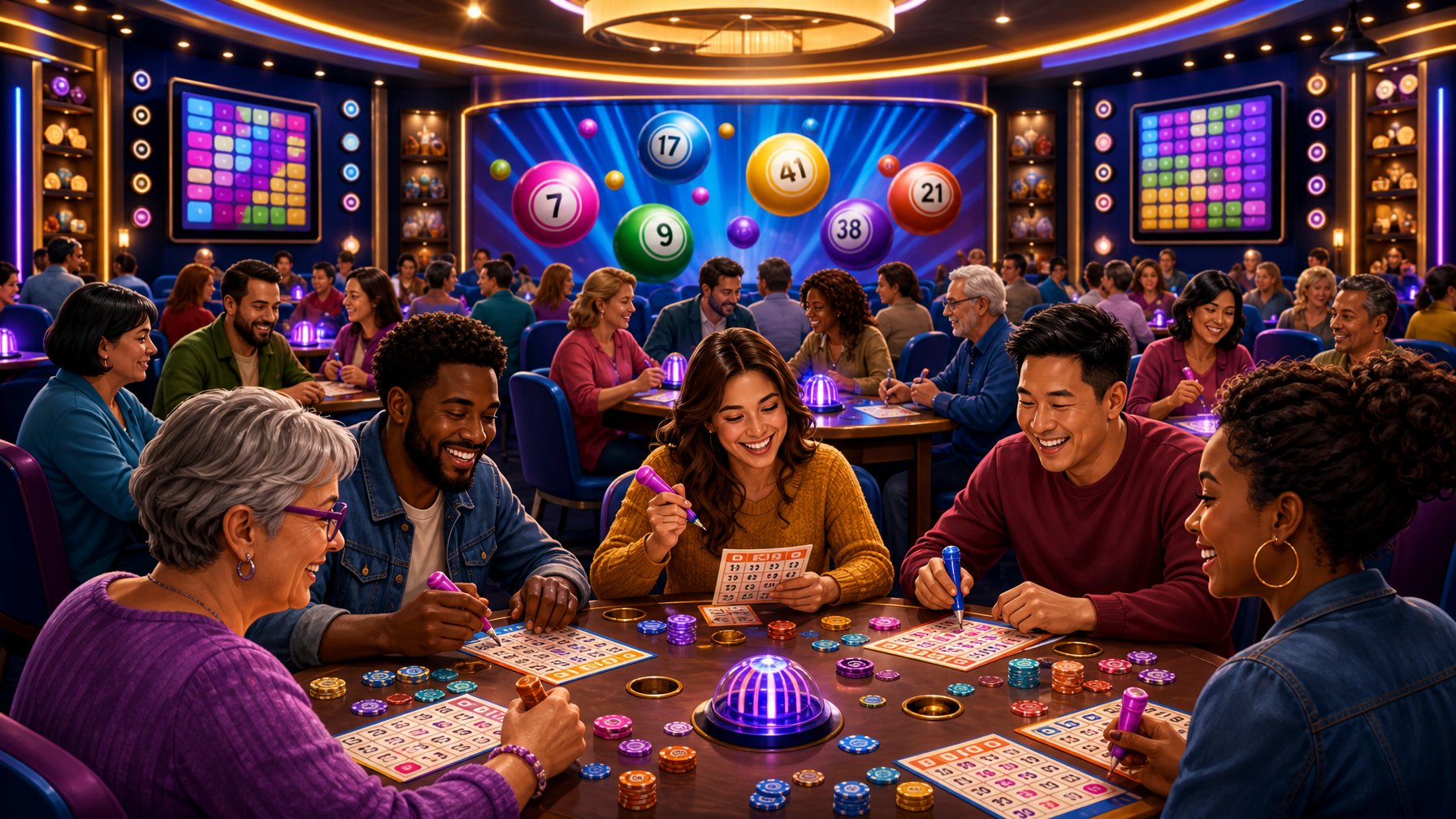 A Lively Bingo Hall With Players Holding Bingo Cards And Colorful Bingo Balls In The Background, Showing A Fun And Engaging Casino Game Scene.