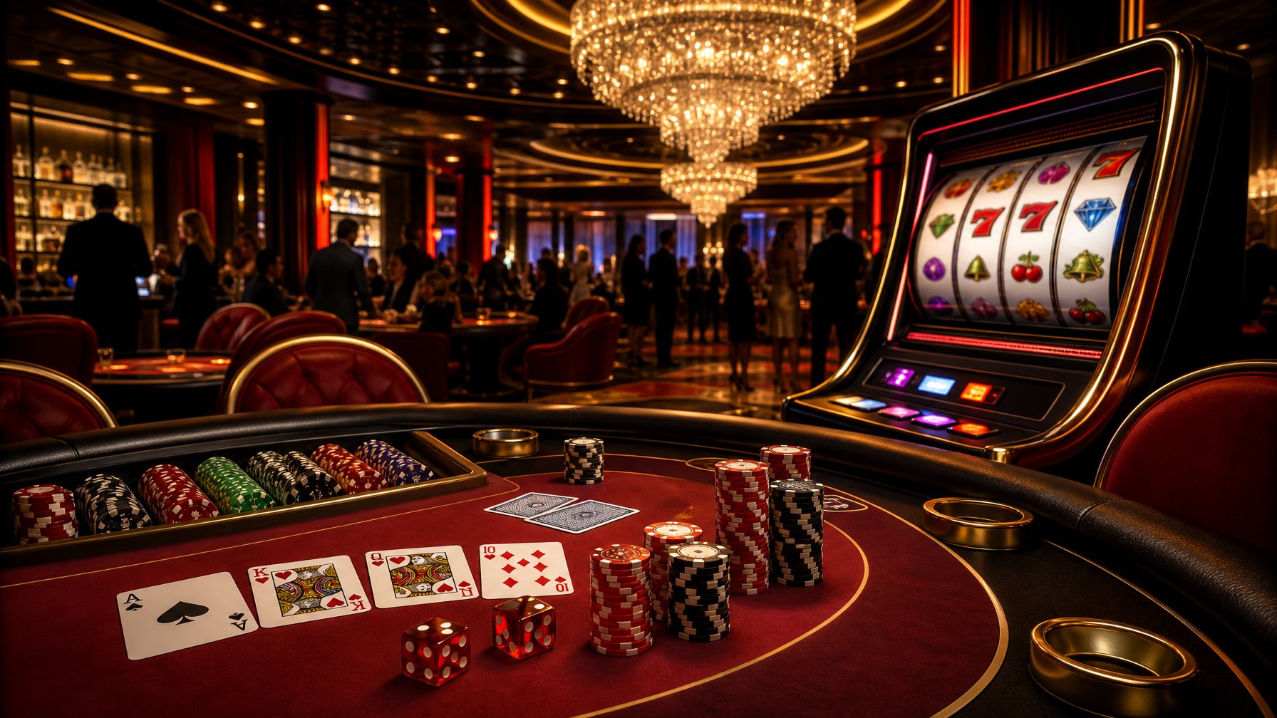 A Lively Casino Scene With A Gaming Table, Poker Chips, Playing Cards, Dice, And A Digital Slot Machine Surrounded By People.