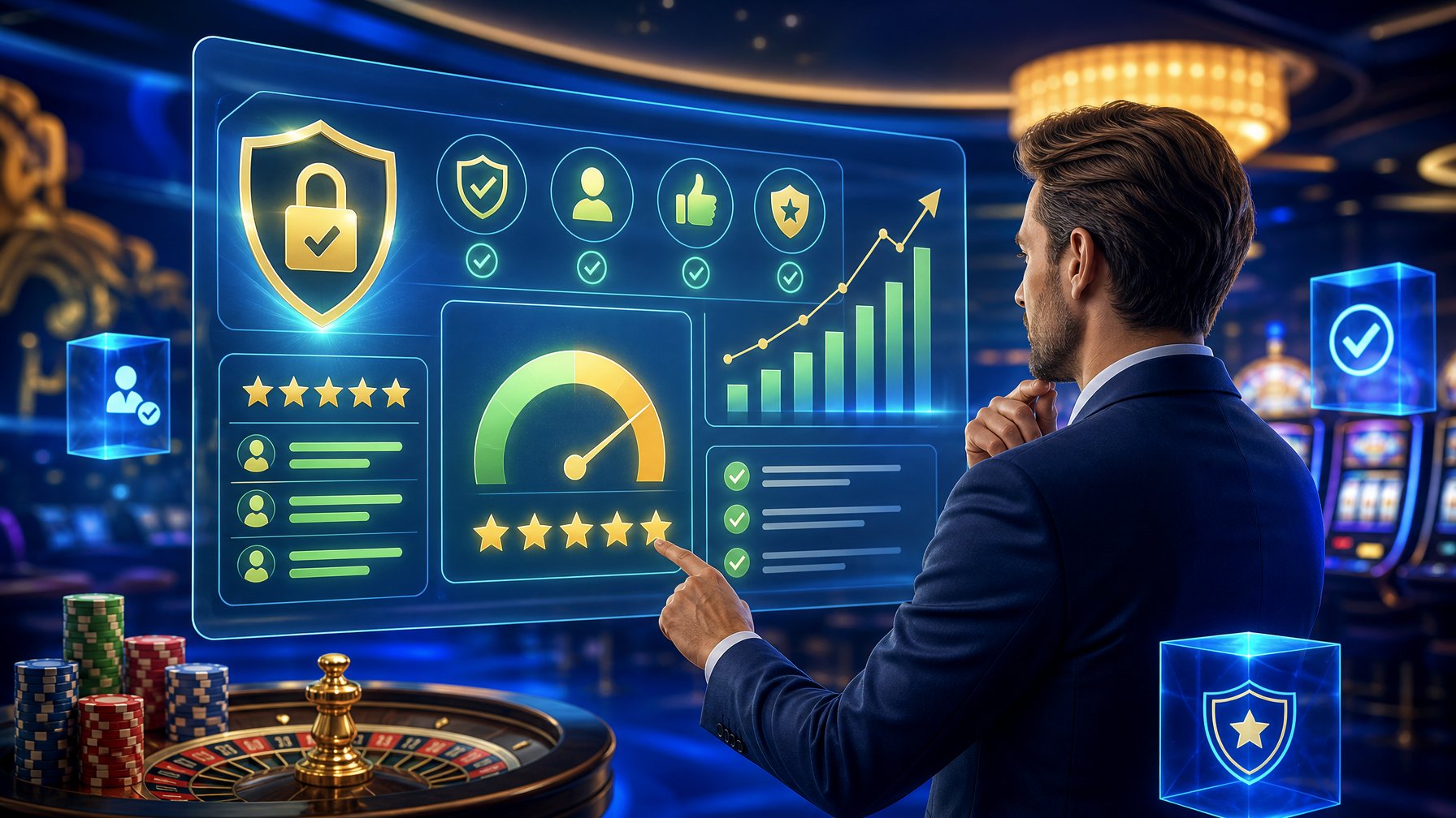 A Person In Business Attire Analyzing Digital Data With Trust Symbols And Ratings In A Modern Casino Setting.