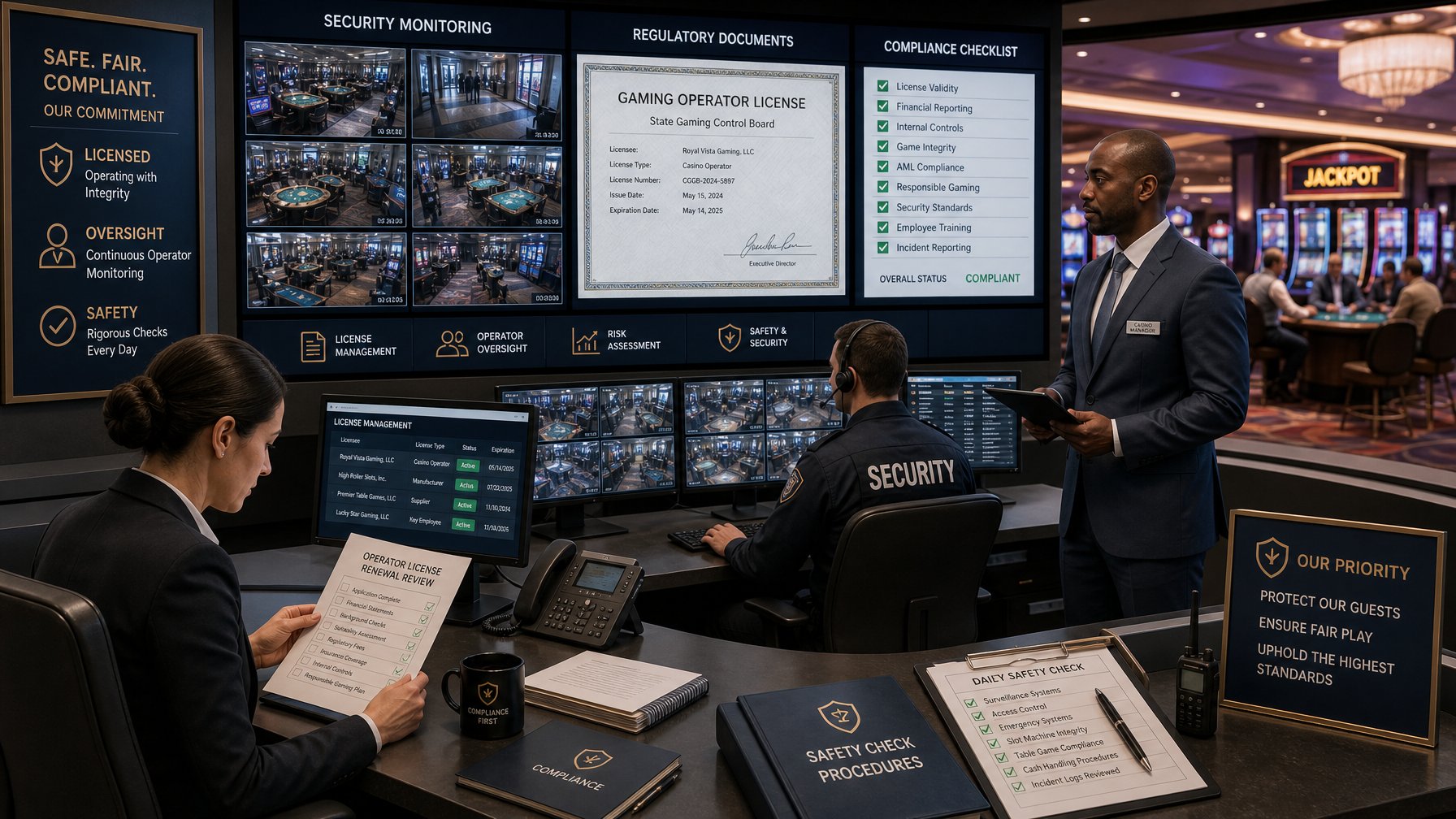 A Group Of Professionals In A Casino Control Room Monitoring Security Footage And Reviewing Documents To Ensure Licensing And Safety Compliance.