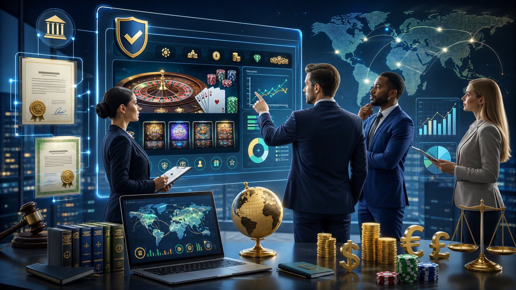 A Group Of Business Professionals Discussing Licensing And Market Access With Digital Charts, Legal Icons, And A Casino Website Interface In The Background.