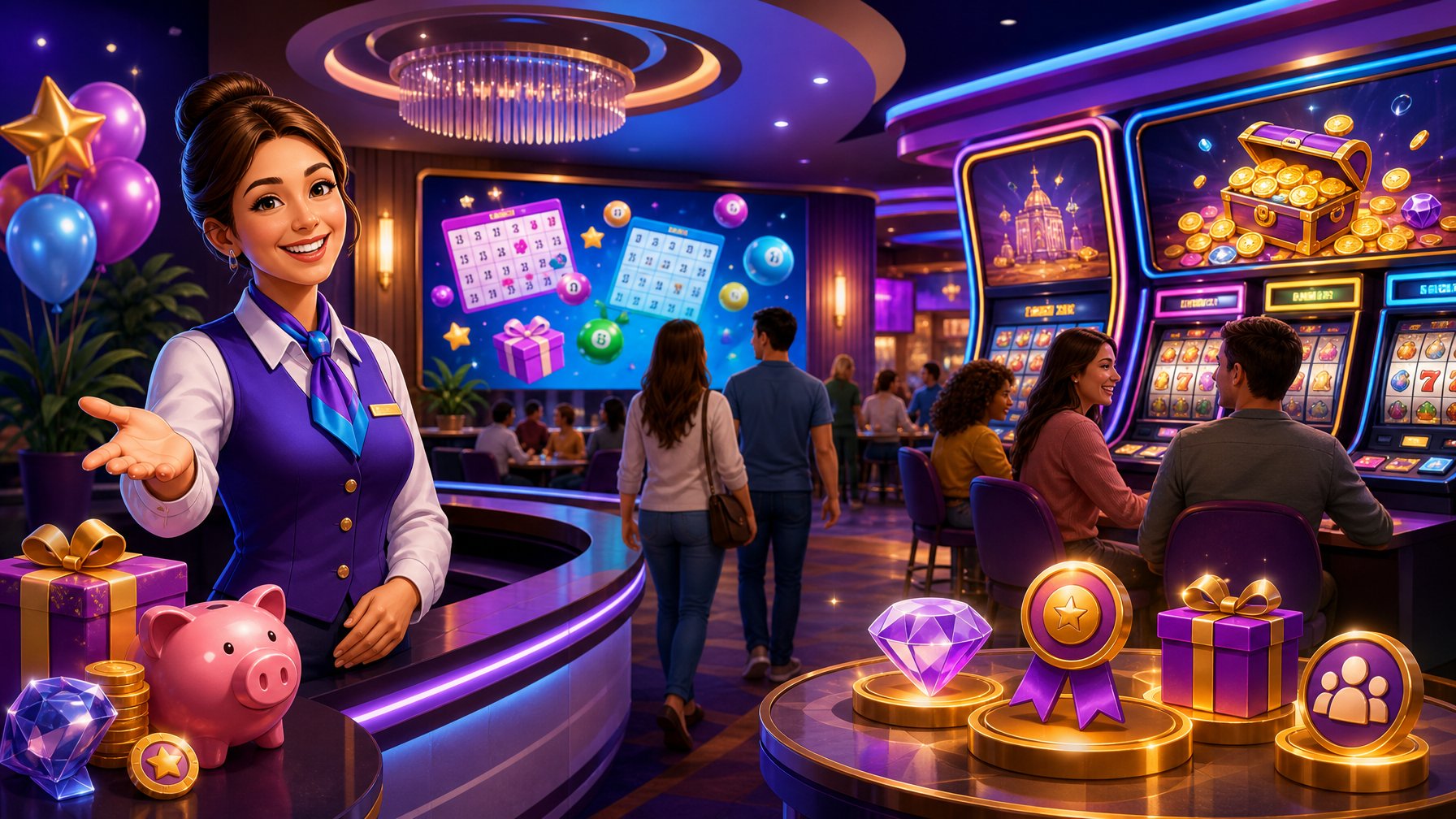 A Lively Casino Lobby With A Friendly Host Welcoming Players, Bingo Cards, Slot Machines, And Symbols Representing Bonuses And Ongoing Rewards.