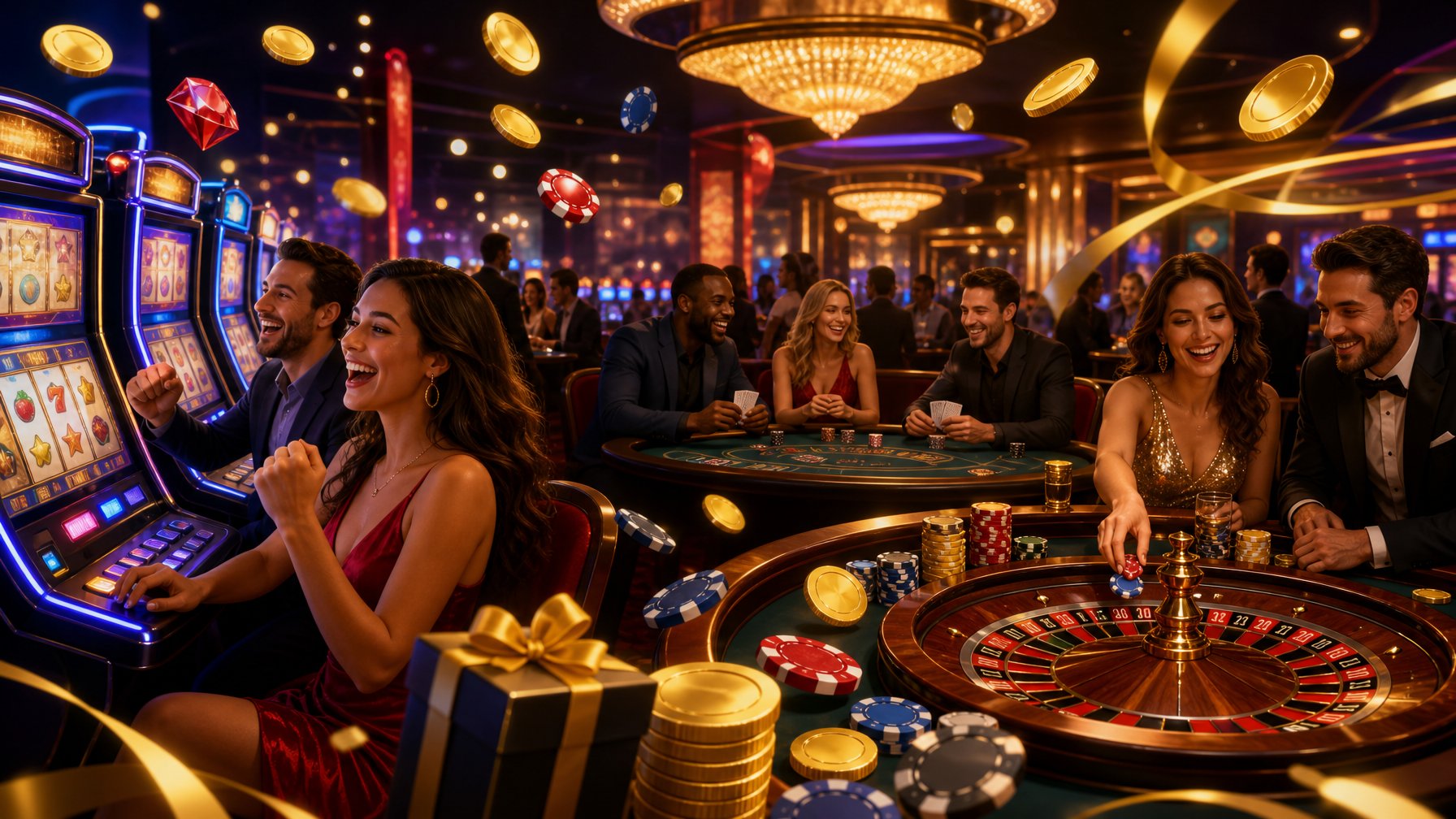 A Lively Casino Scene With Players Enjoying Slot Machines And Card Games Surrounded By Glowing Lights, Coins, And Chips Representing Casino Promotions.