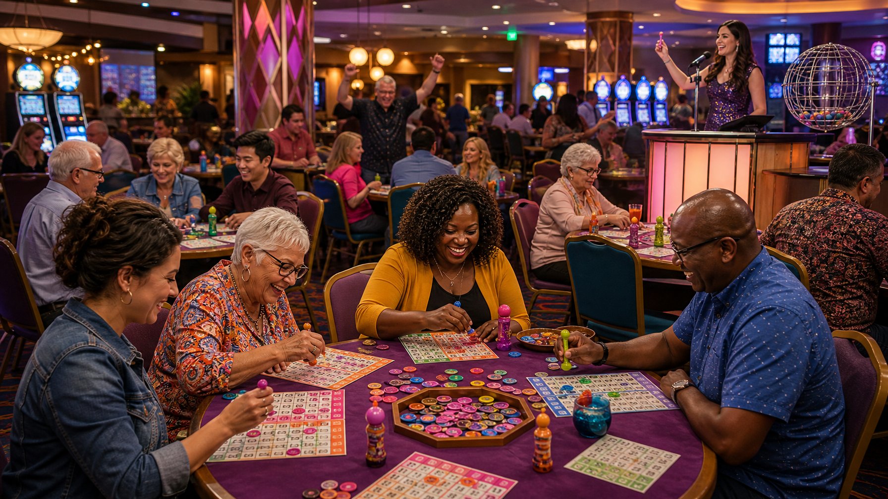 A Lively Bingo Room With Diverse Players Playing Bingo Games At Multiple Tables Inside A Casino.